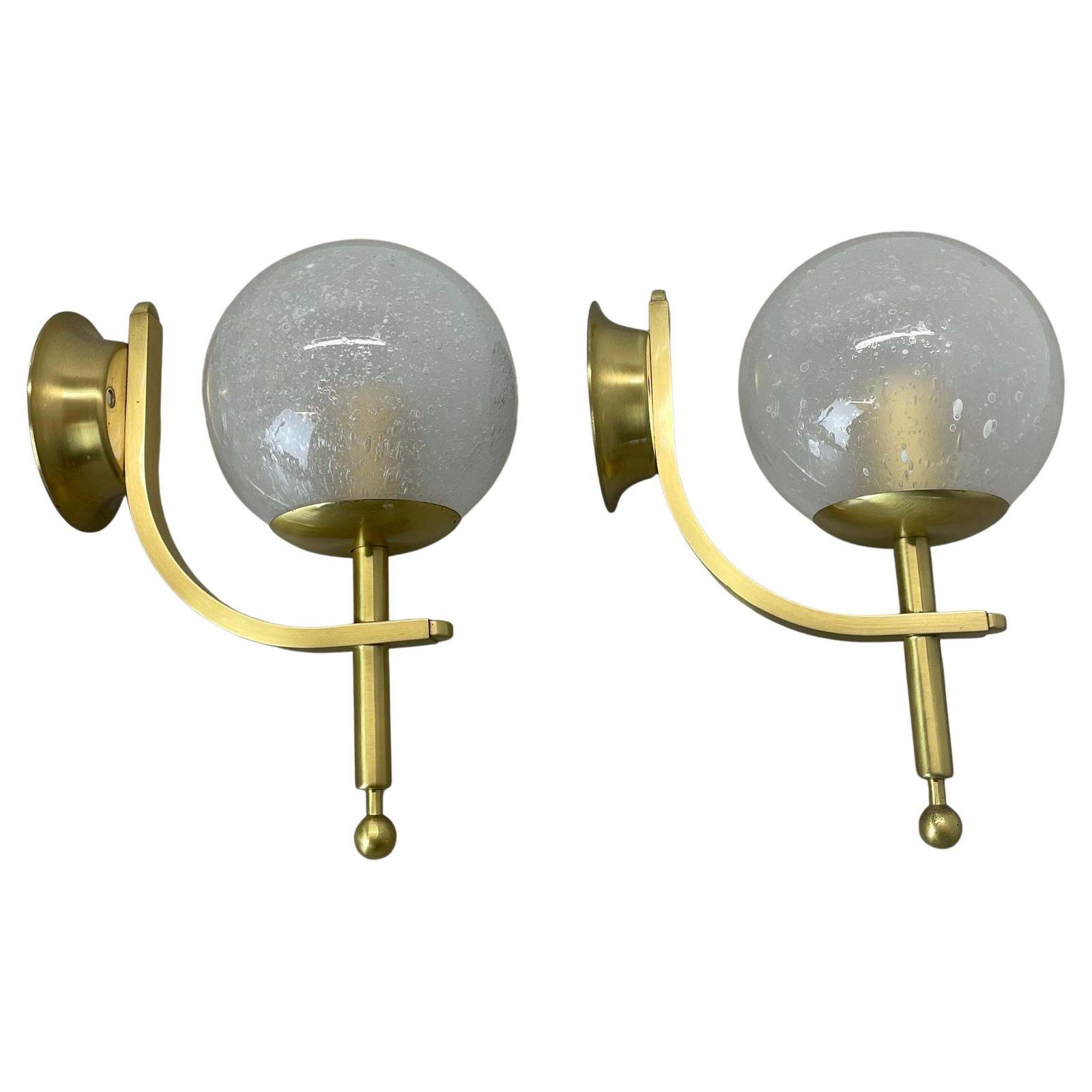 Set Of Two Minimalist Brass And Glass "Ball" Wall Light Sconces, Italy 1970s