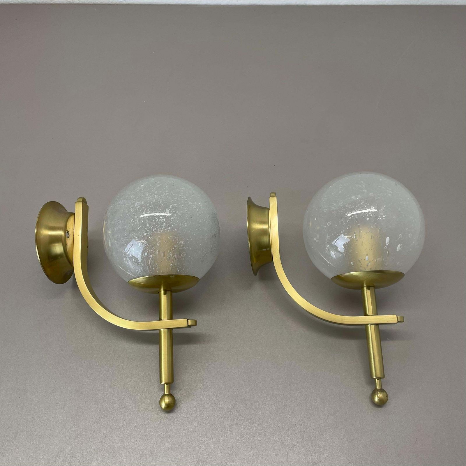 Set Of Two Minimalist Brass And Glass "Ball" Wall Light Sconces, Italy 1970s photo furniture