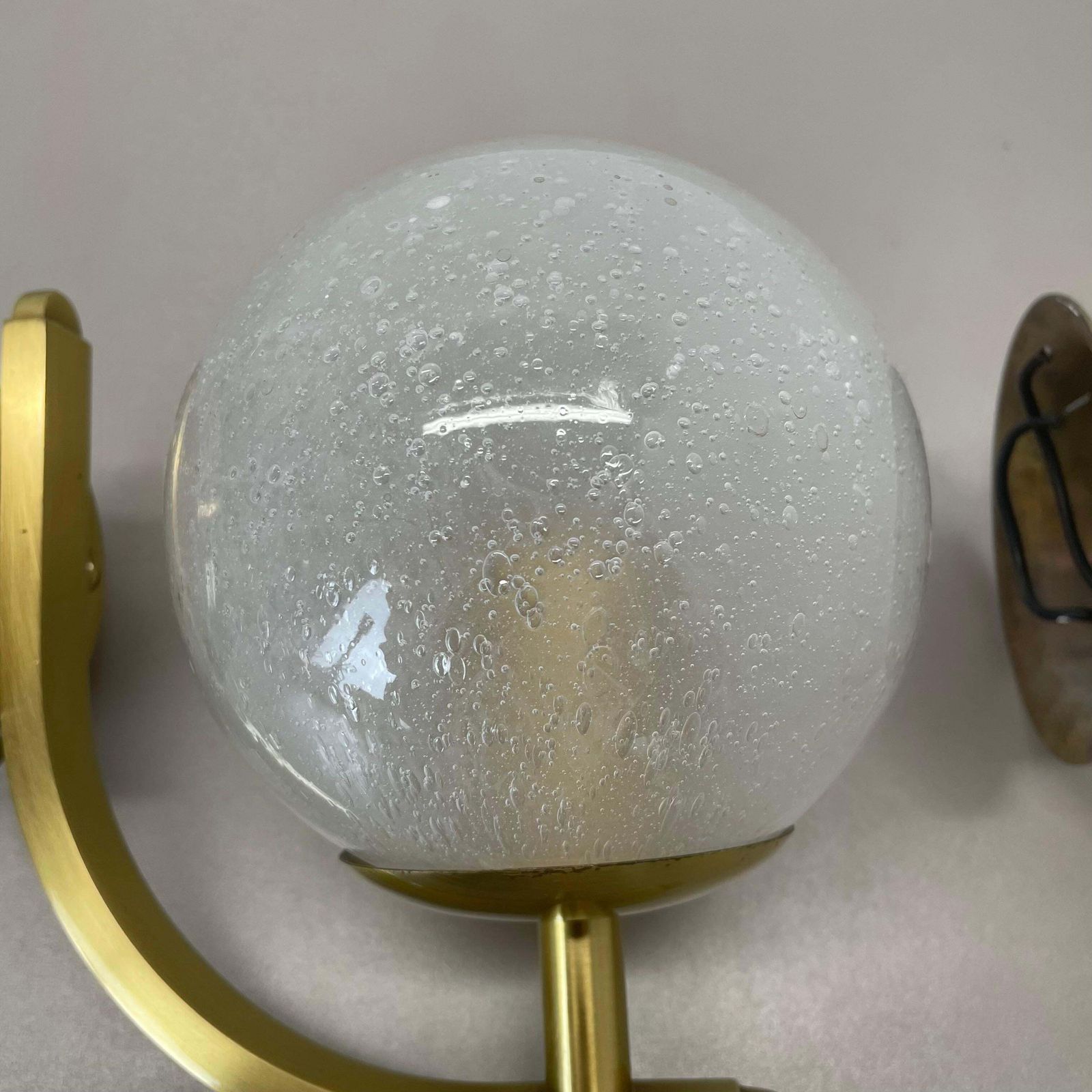 Set Of Two Minimalist Brass And Glass "Ball" Wall Light Sconces, Italy 1970s photo Lighting