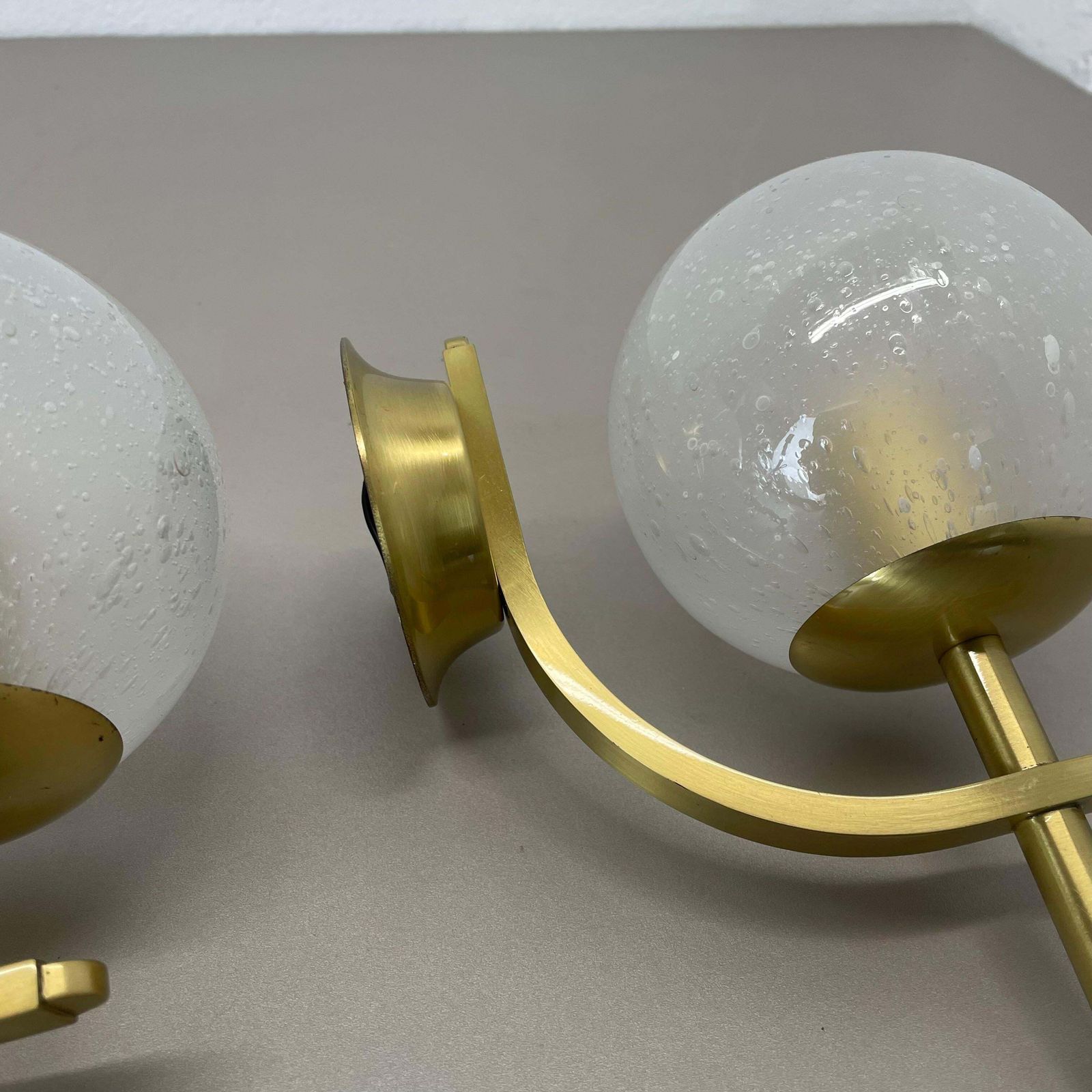 Set Of Two Minimalist Brass And Glass "Ball" Wall Light Sconces, Italy 1970s photo buy