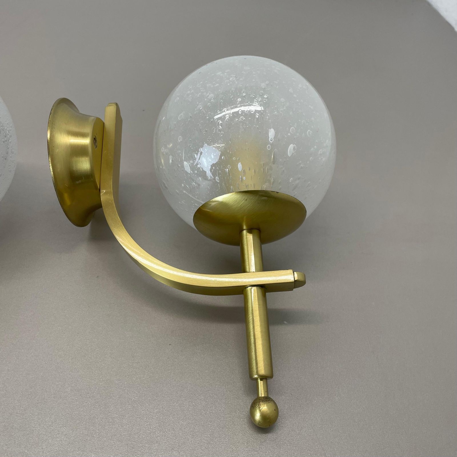 Set Of Two Minimalist Brass And Glass "Ball" Wall Light Sconces, Italy 1970s photo vintage
