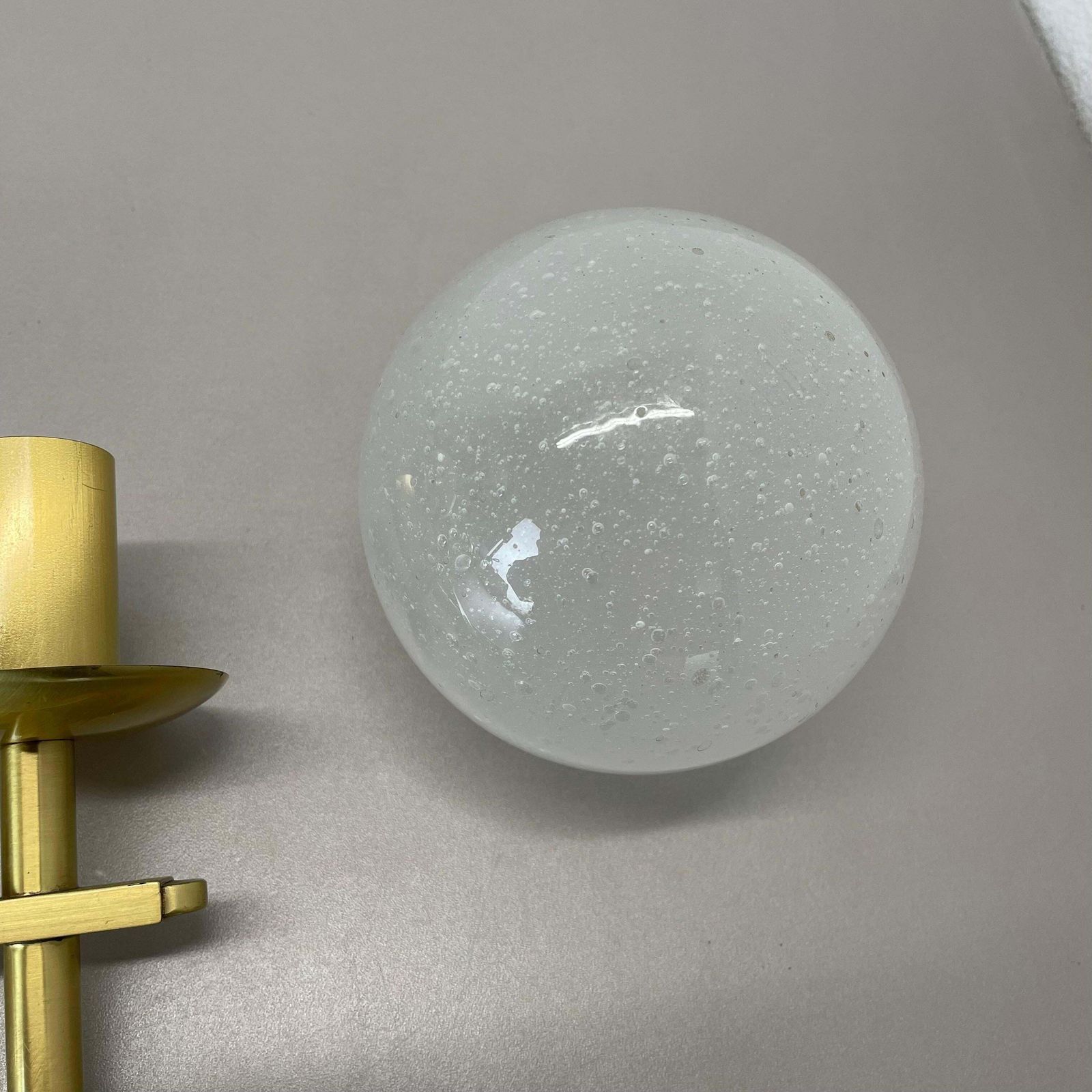Lighting Set Of Two Minimalist Brass And Glass "Ball" Wall Light Sconces, Italy 1970s photo