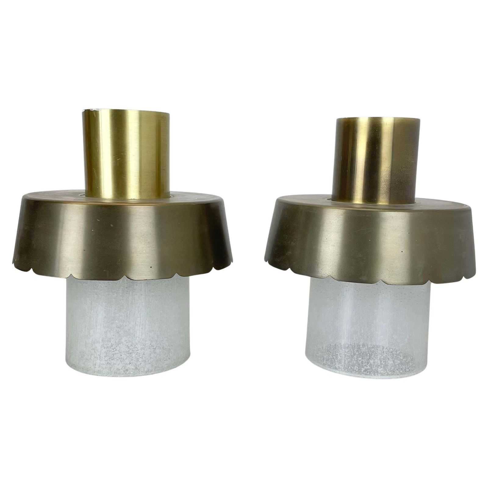 Set Of Two Minimalist Brass And Glass "Tube" Ceiling Light, Italy 1970s