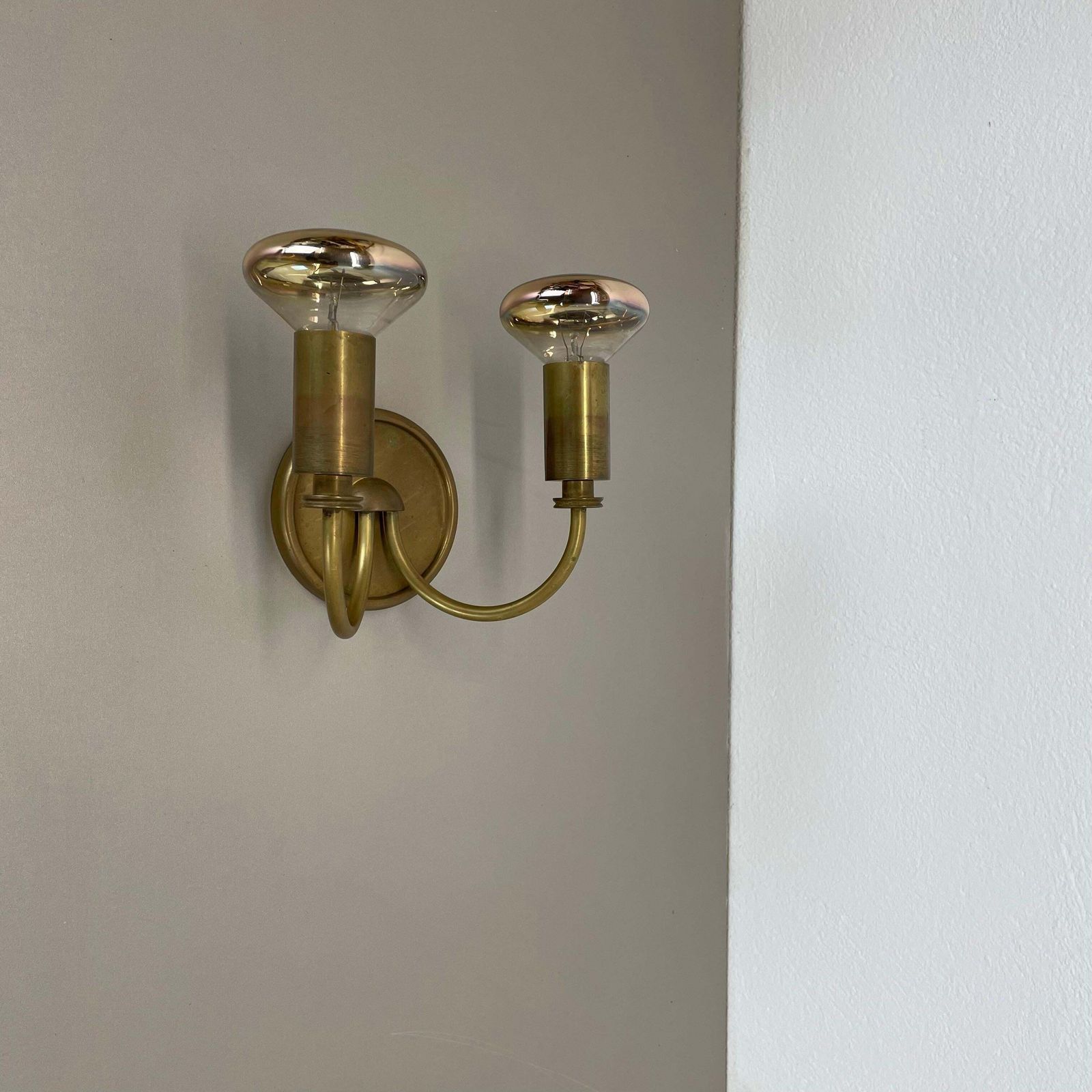 Small 2 Lights Modernist Brass Floral Theatre Wall Light Sconce, France, 1950s photo for sale