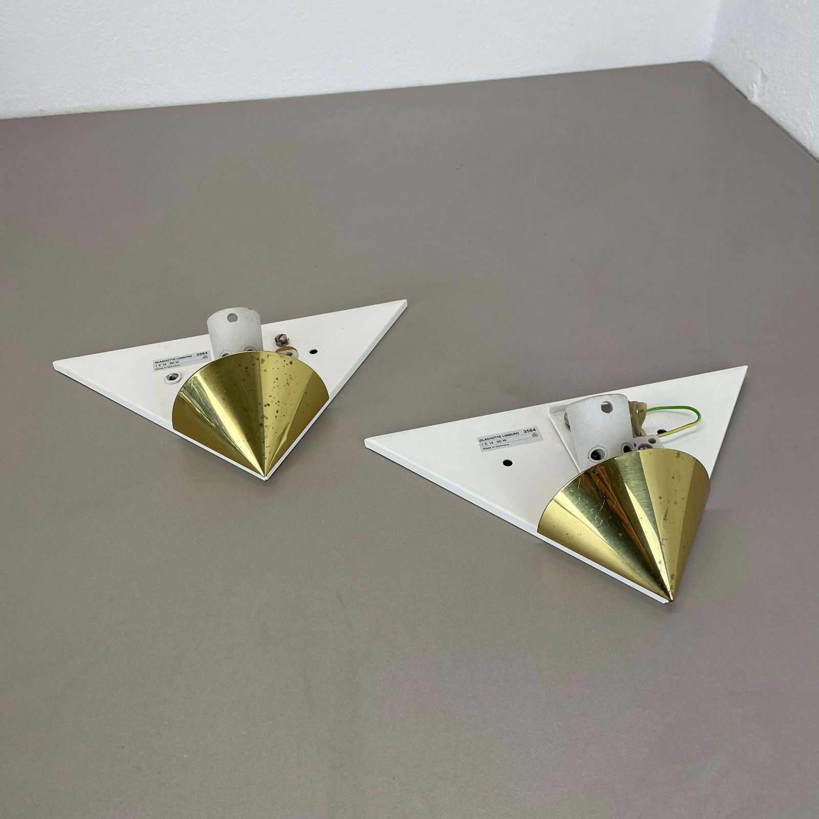 photo for sale Set Of 2 Brass And Satin Glass Wall Lights By Glashütte Limburg, Germany, 1980s