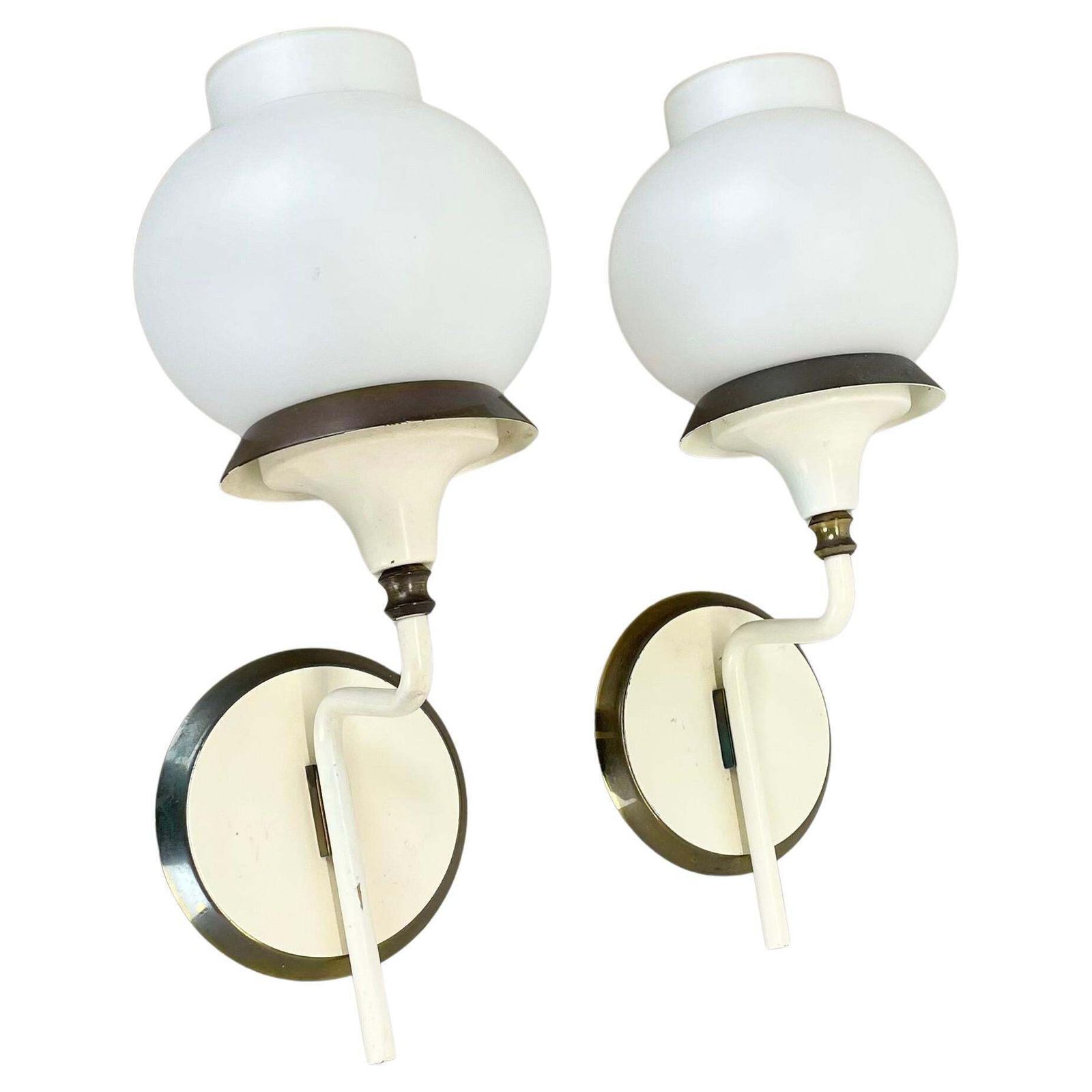 Set Of Two Brutalist Brass And White Glass Wall Light Sconces, France 1960s