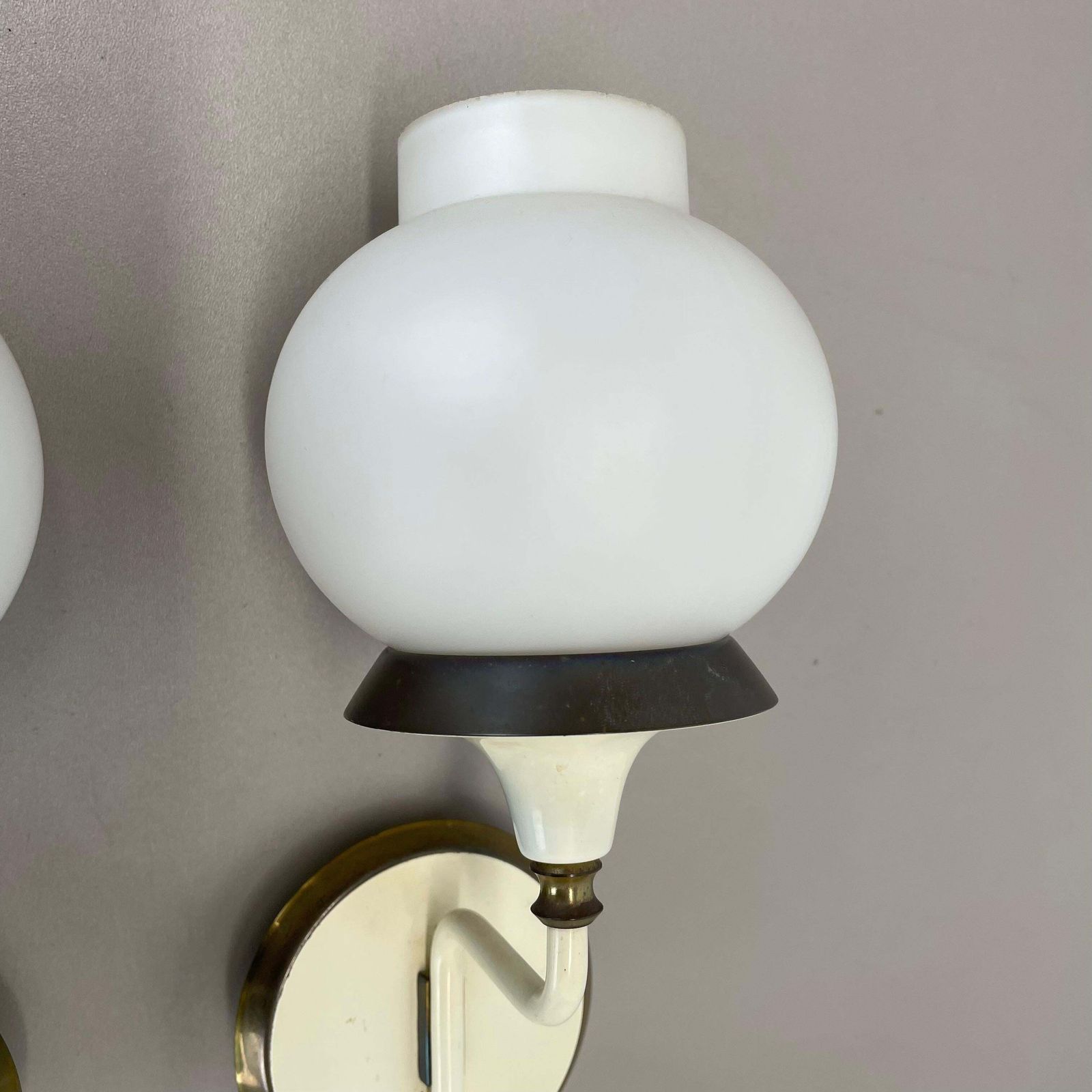 Set Of Two Brutalist Brass And White Glass Wall Light Sconces, France 1960s photo vinterior