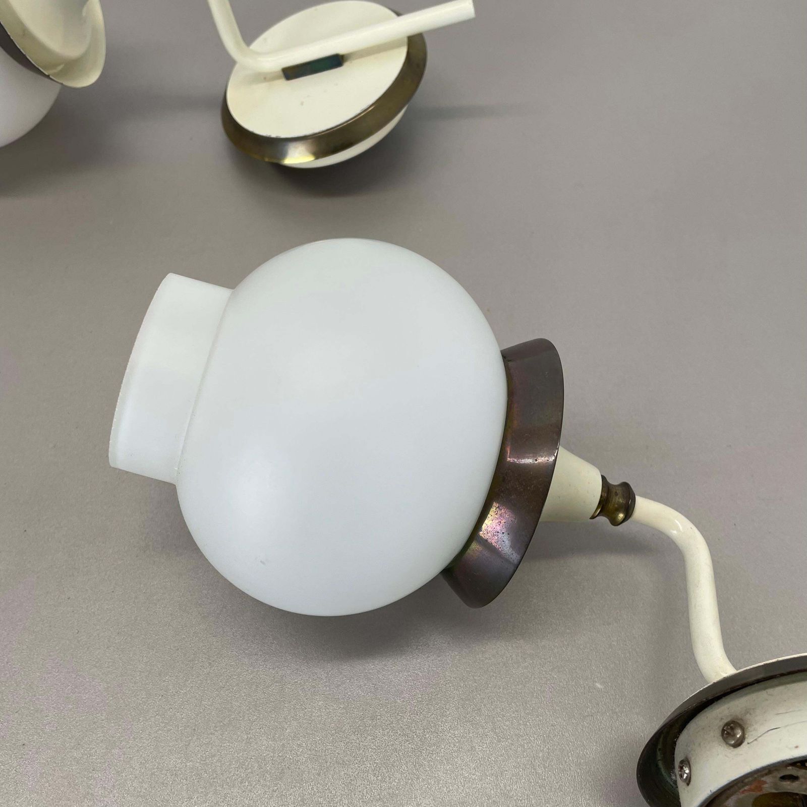 photo vinterior Set Of Two Brutalist Brass And White Glass Wall Light Sconces, France 1960s