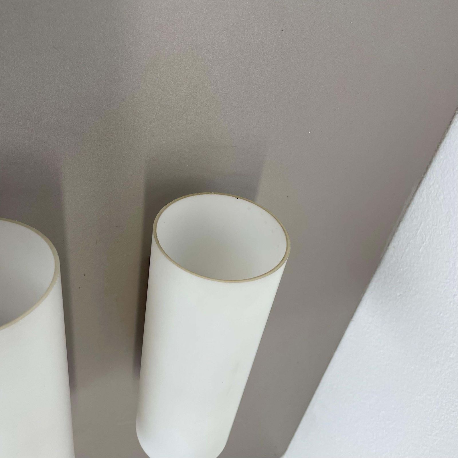 photo furniture Set Of 2 Minimalist Satin White Glass And Teak Wall Light, Denmark, 1960s