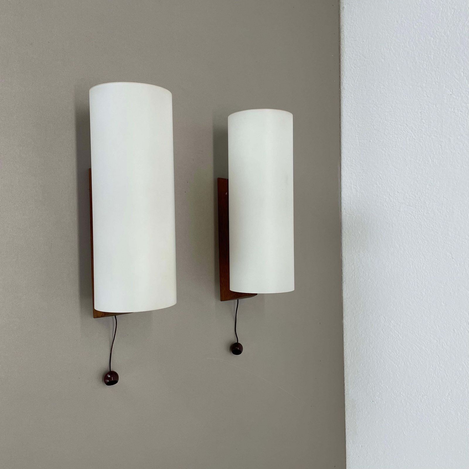 photo for sale Set Of 2 Minimalist Satin White Glass And Teak Wall Light, Denmark, 1960s
