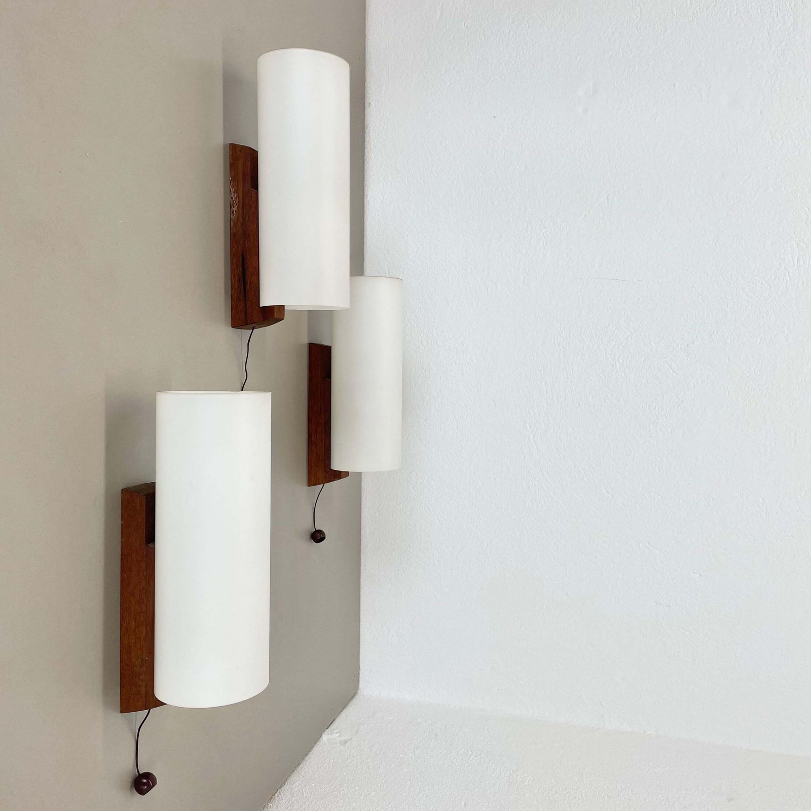 Set Of 3 Minimalist Satin White Glass And Teak Wall Light, Denmark, 1960s photo for sale