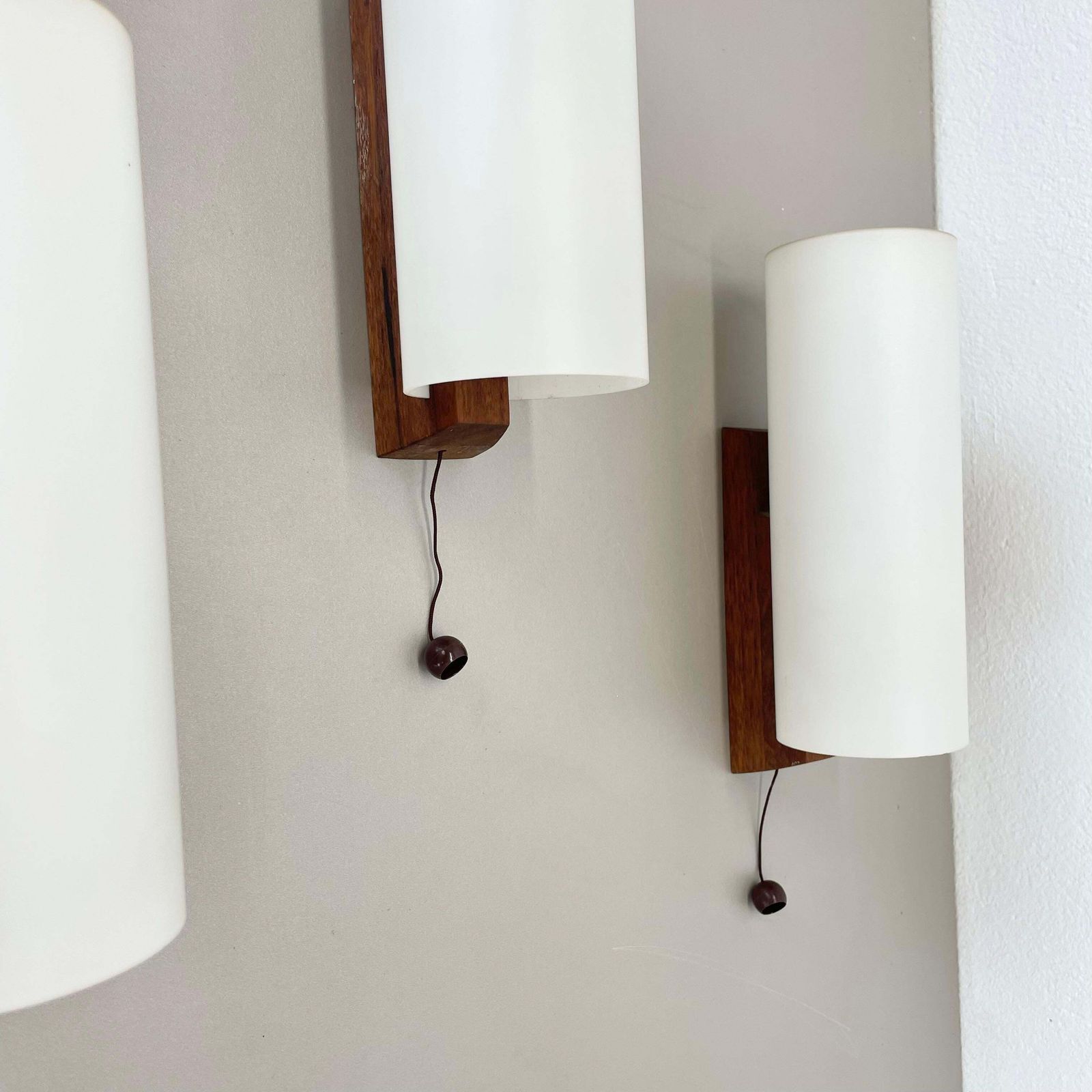 photo buy Set Of 3 Minimalist Satin White Glass And Teak Wall Light, Denmark, 1960s