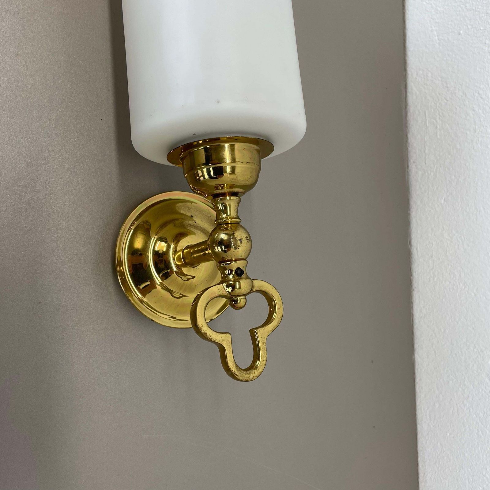 photo furniture Set Of Two Brass And Satin Glass Theatre Wall Lights Sconces, Italy, 1970s