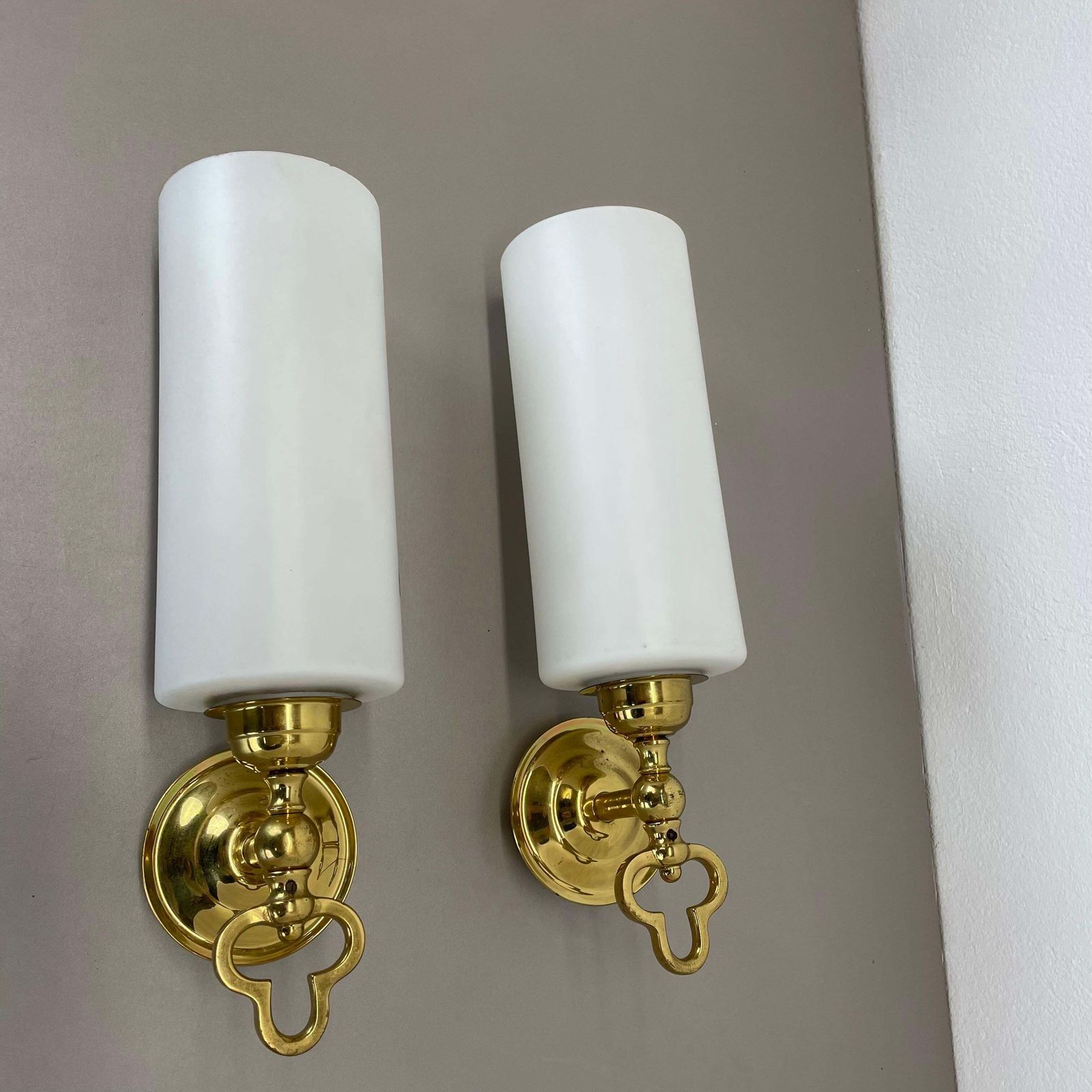 Lighting Set Of Two Brass And Satin Glass Theatre Wall Lights Sconces, Italy, 1970s photo