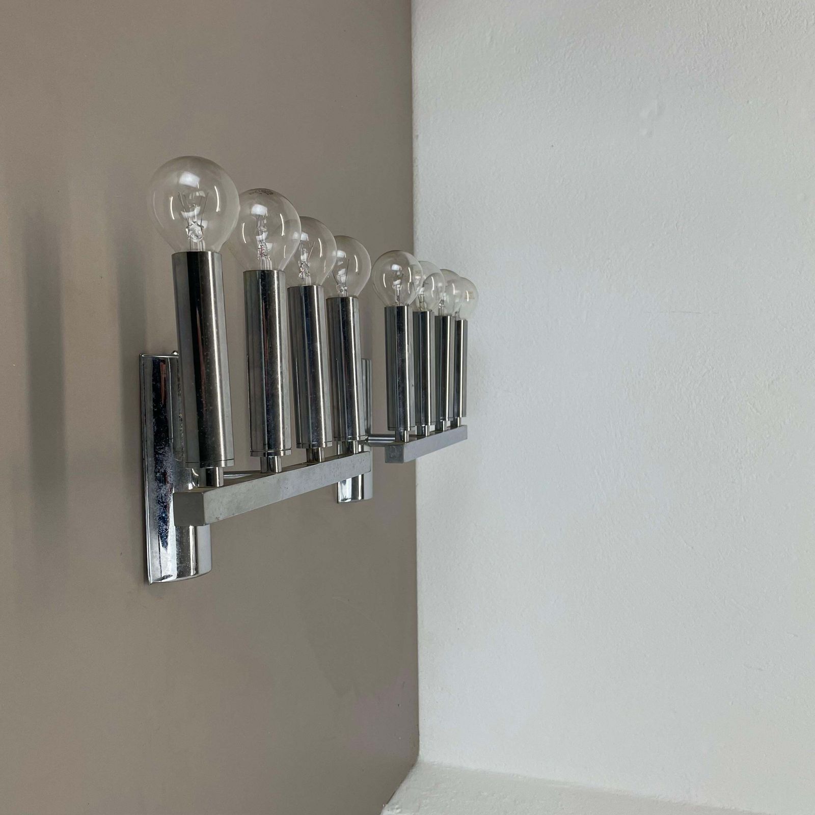 Set Of 2 Chrome Tube "Torch" Wall Lights By Gaetano Sciolari Attrib. Italy 1970s photo for sale