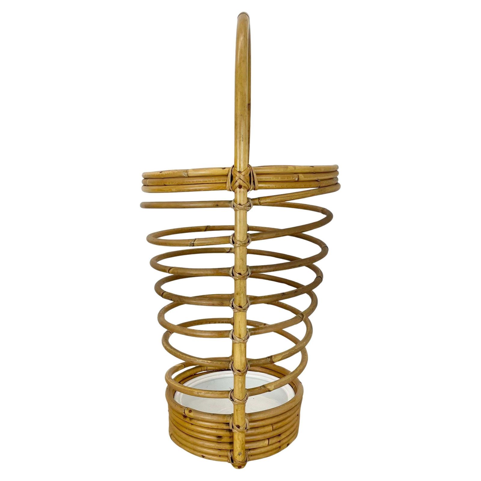 Large Looped 60cm Midcentury Rattan Bauhaus Umbrella Stand, France, 1970s
