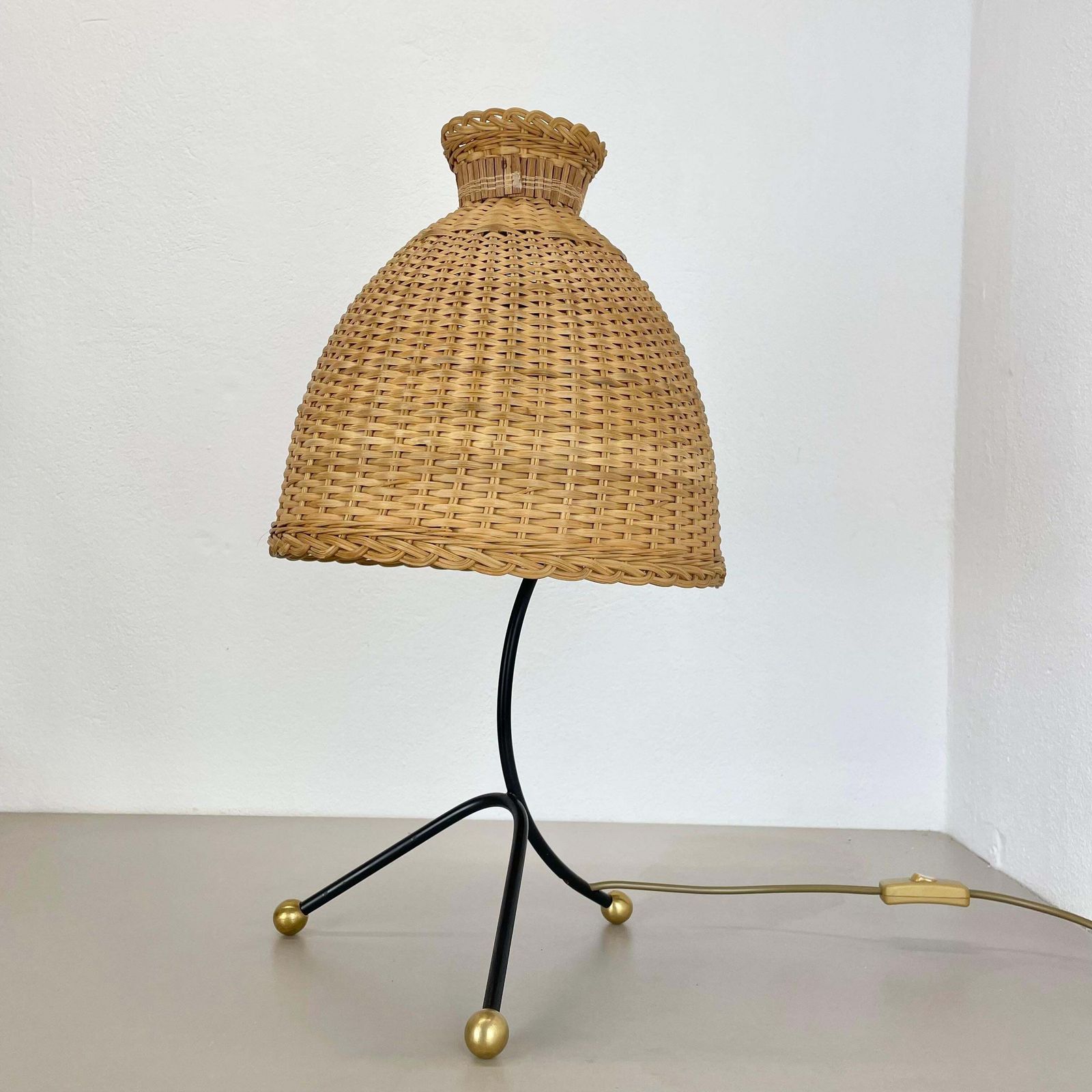 Xxl 57cm Beautiful Kalmar Style Metal + Rattan Tripod Table Light, Austria 1960s photo for sale