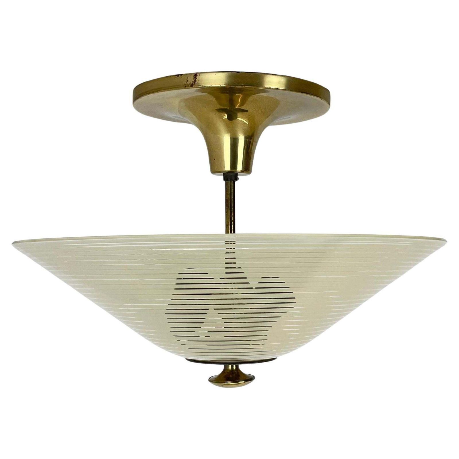 Modernist Stilnovo Style Brass And Glass Ceiling Flushmount Light, Italy 1950s