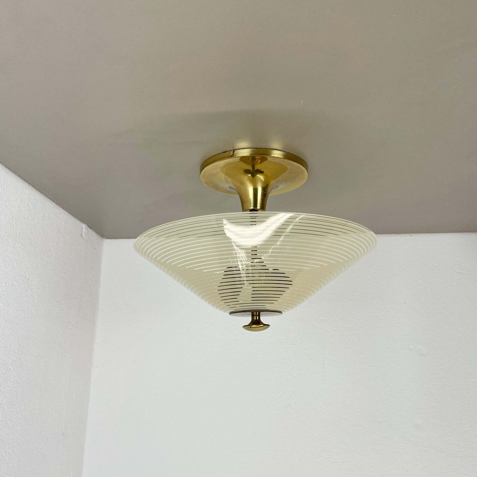 Modernist Stilnovo Style Brass And Glass Ceiling Flushmount Light, Italy 1950s photo for sale