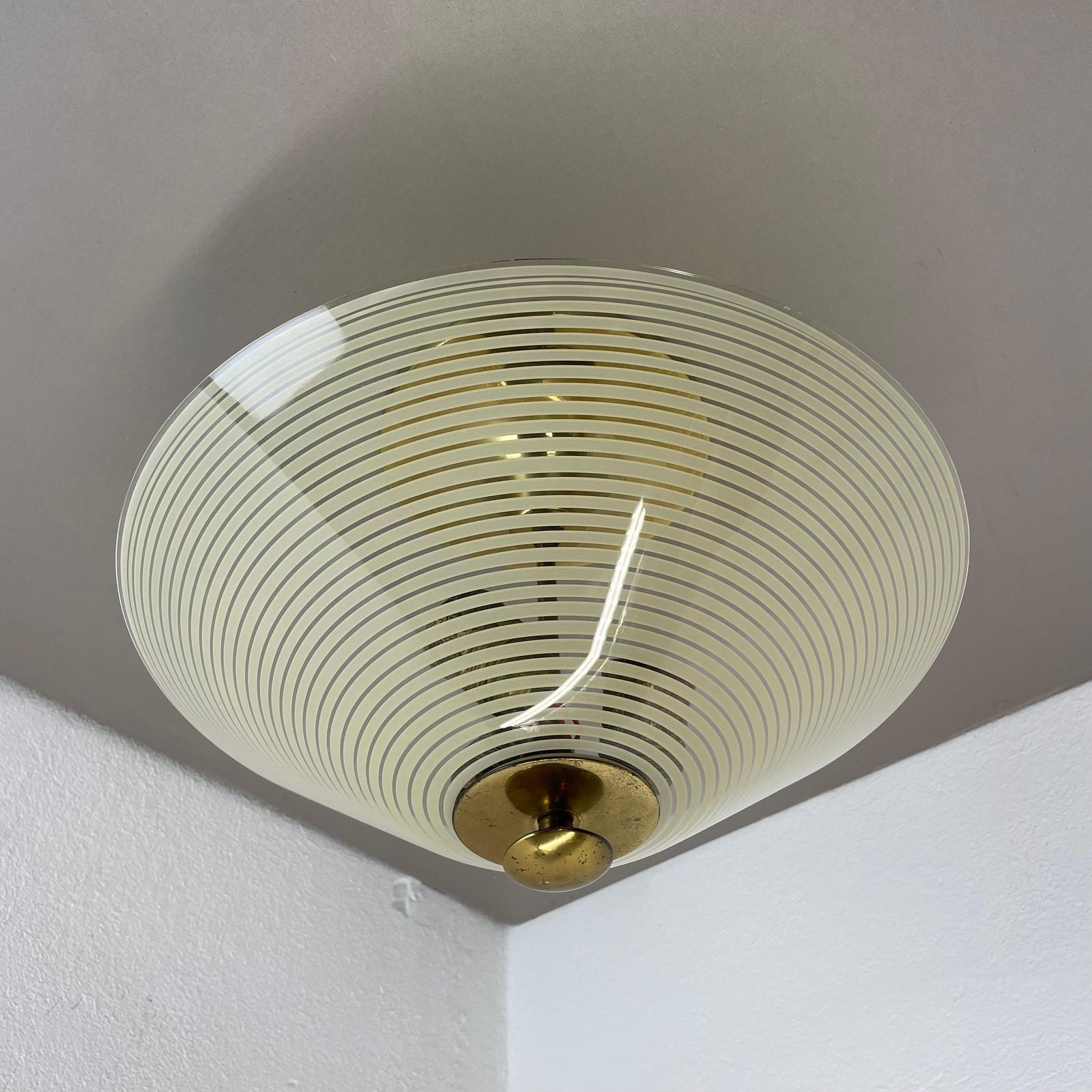Modernist Stilnovo Style Brass And Glass Ceiling Flushmount Light, Italy 1950s photo 1283.0