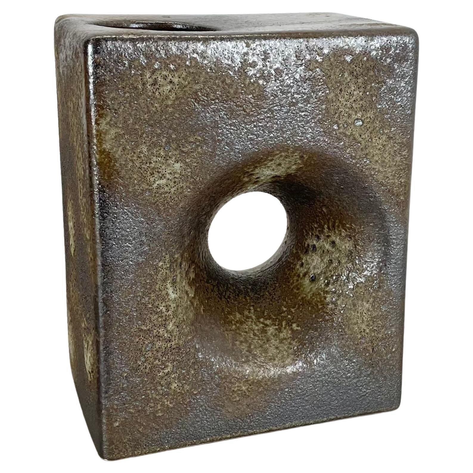 Xxl 25cm Brutalist Cubic "Hole" Vase By Piet Vest Ceramics, Netherlands, 1970