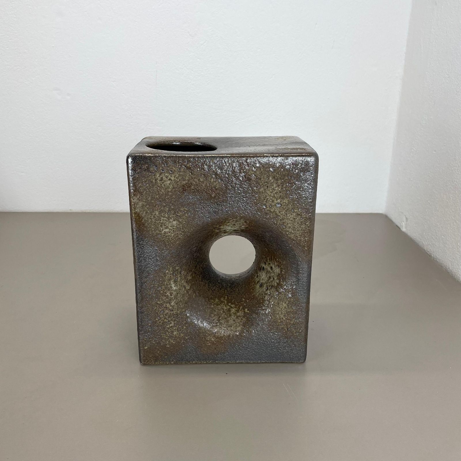 Xxl 25cm Brutalist Cubic "Hole" Vase By Piet Vest Ceramics, Netherlands, 1970 photo furniture