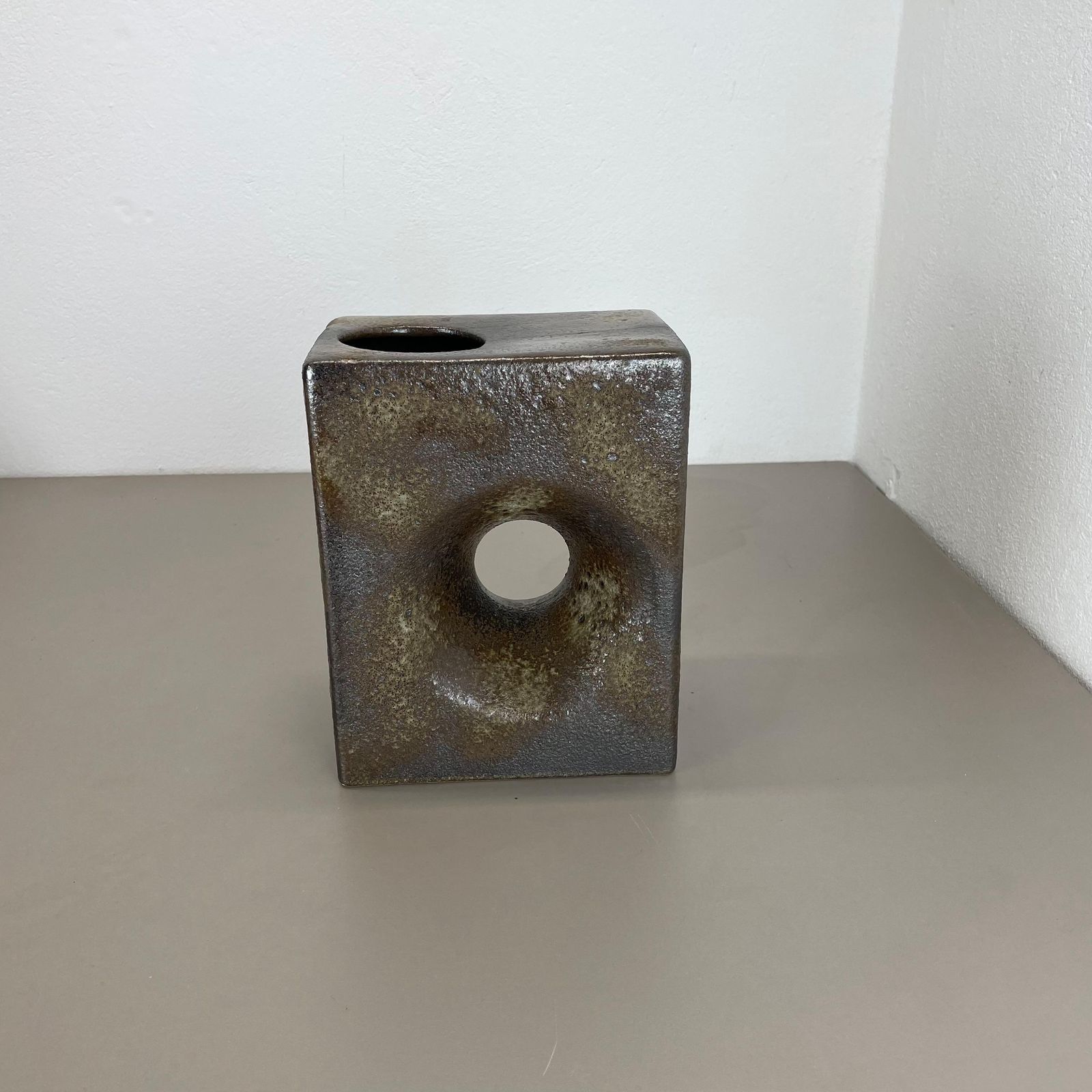 Xxl 25cm Brutalist Cubic "Hole" Vase By Piet Vest Ceramics, Netherlands, 1970 photo for sale