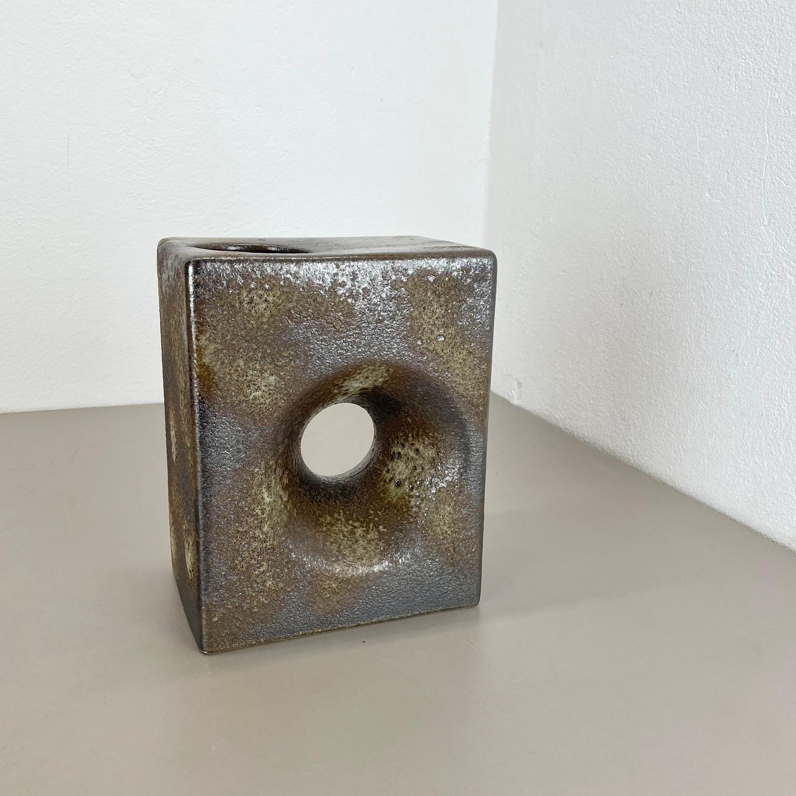Xxl 25cm Brutalist Cubic "Hole" Vase By Piet Vest Ceramics, Netherlands, 1970 photo Home Decor