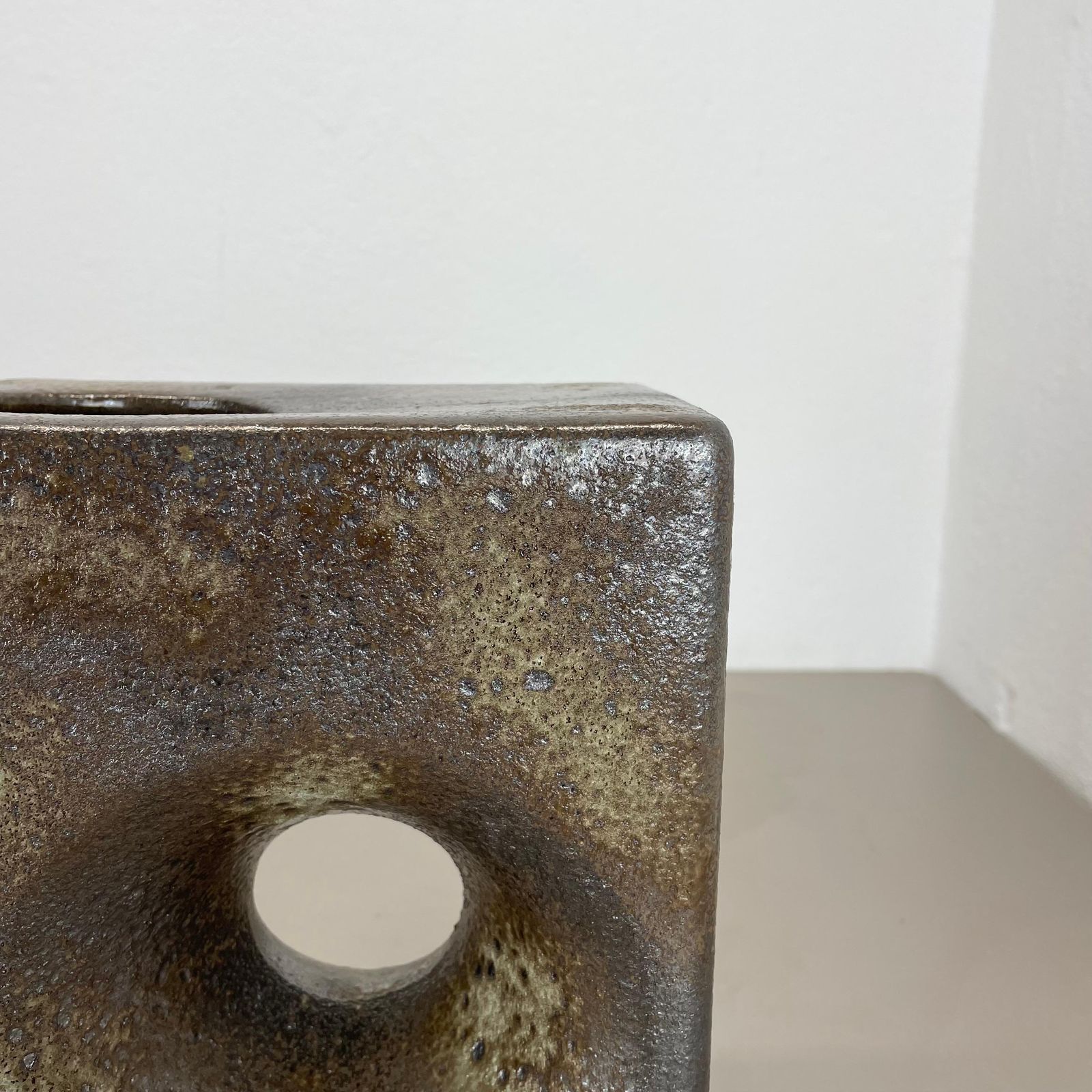Xxl 25cm Brutalist Cubic "Hole" Vase By Piet Vest Ceramics, Netherlands, 1970 photo vintage