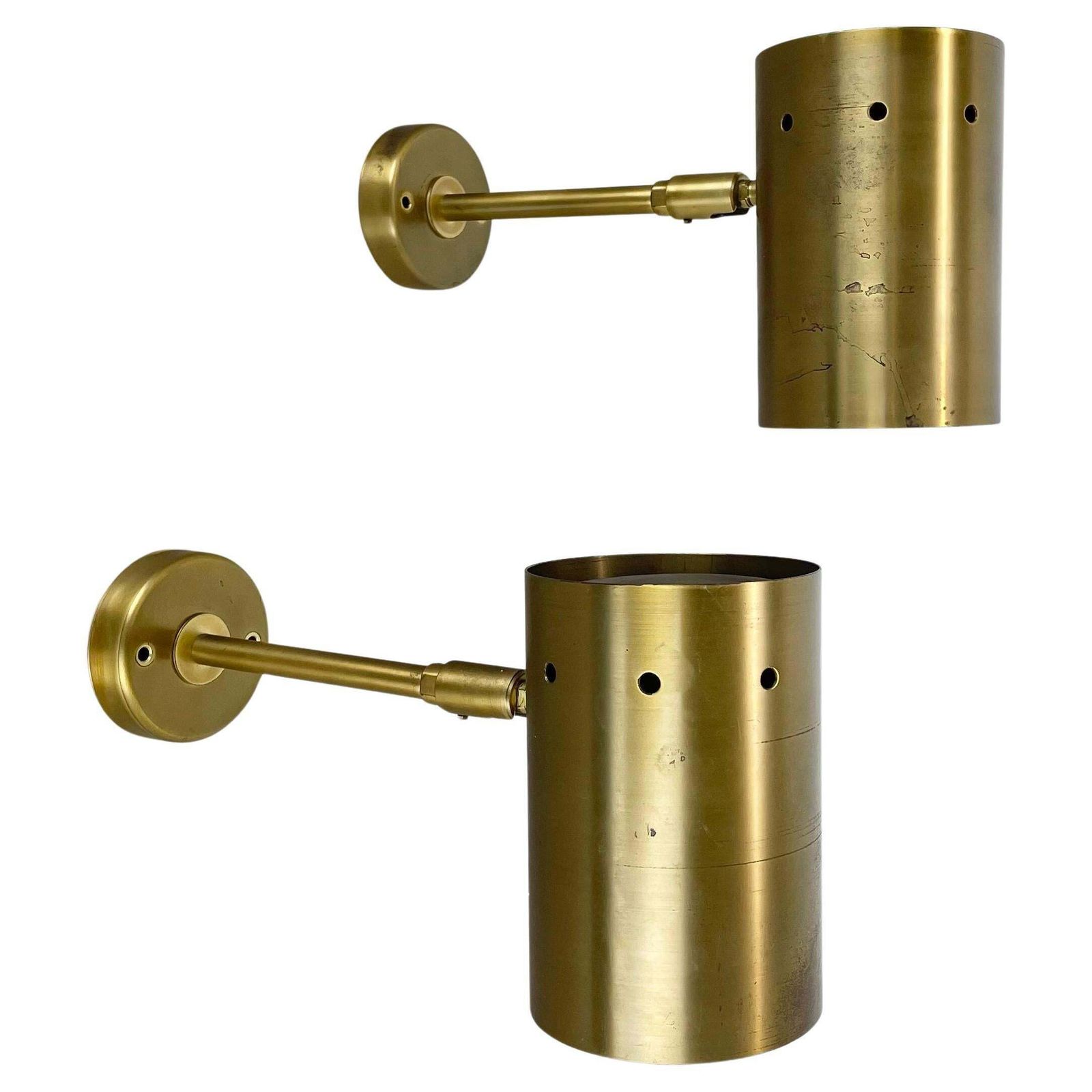 Set Of Two Large Minimalist Brass "Tube" Wall Light Sconces, Italy 1970s