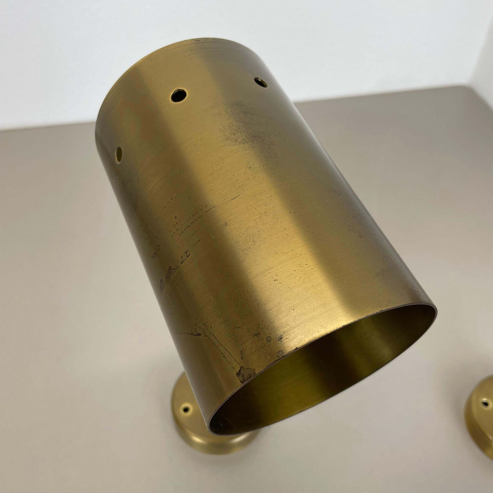 photo for sale Set Of Two Large Minimalist Brass "Tube" Wall Light Sconces, Italy 1970s
