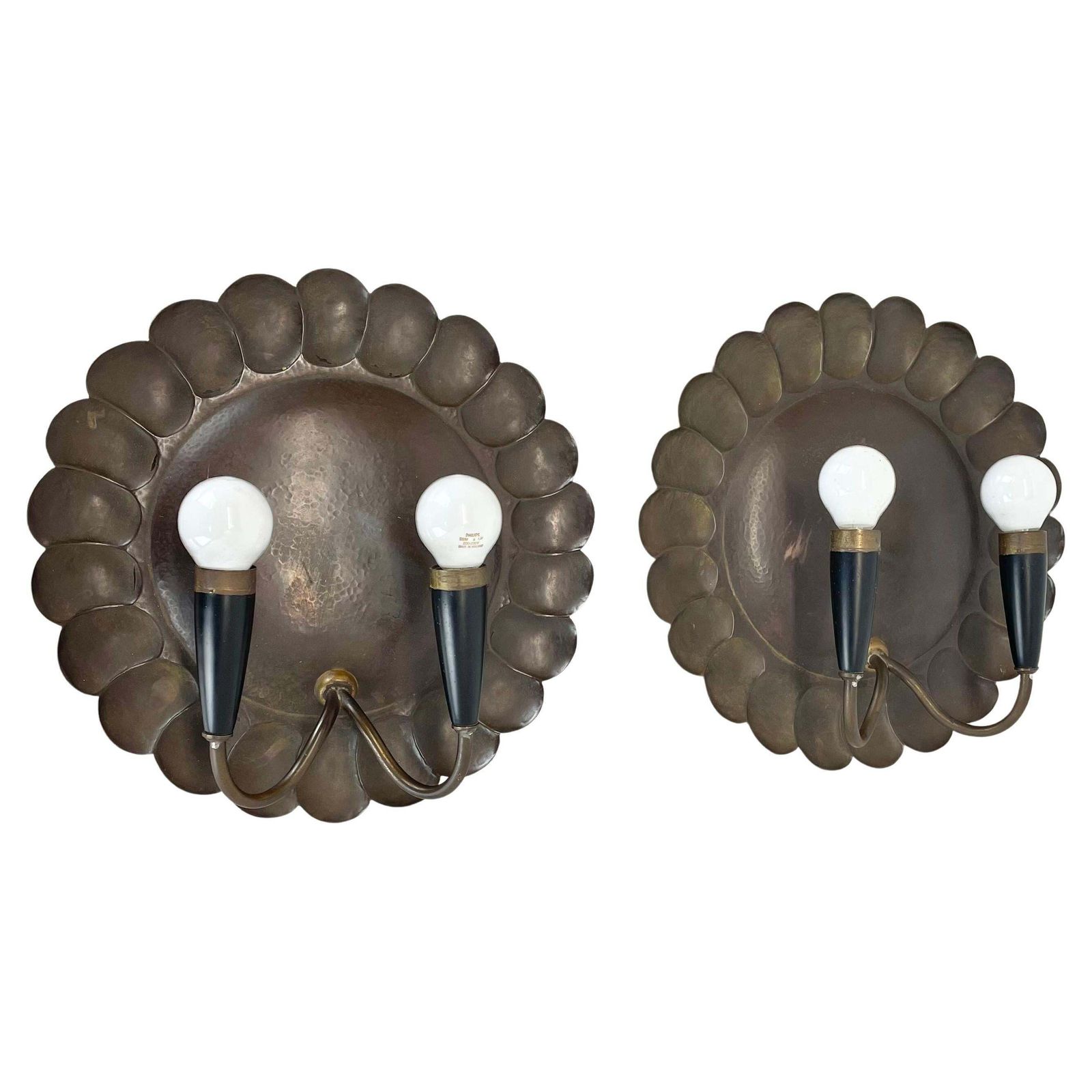 Set Of 2 Brass 31cm Gio Ponti Style Theatre Wall Light Sconces, Italy, 1950s