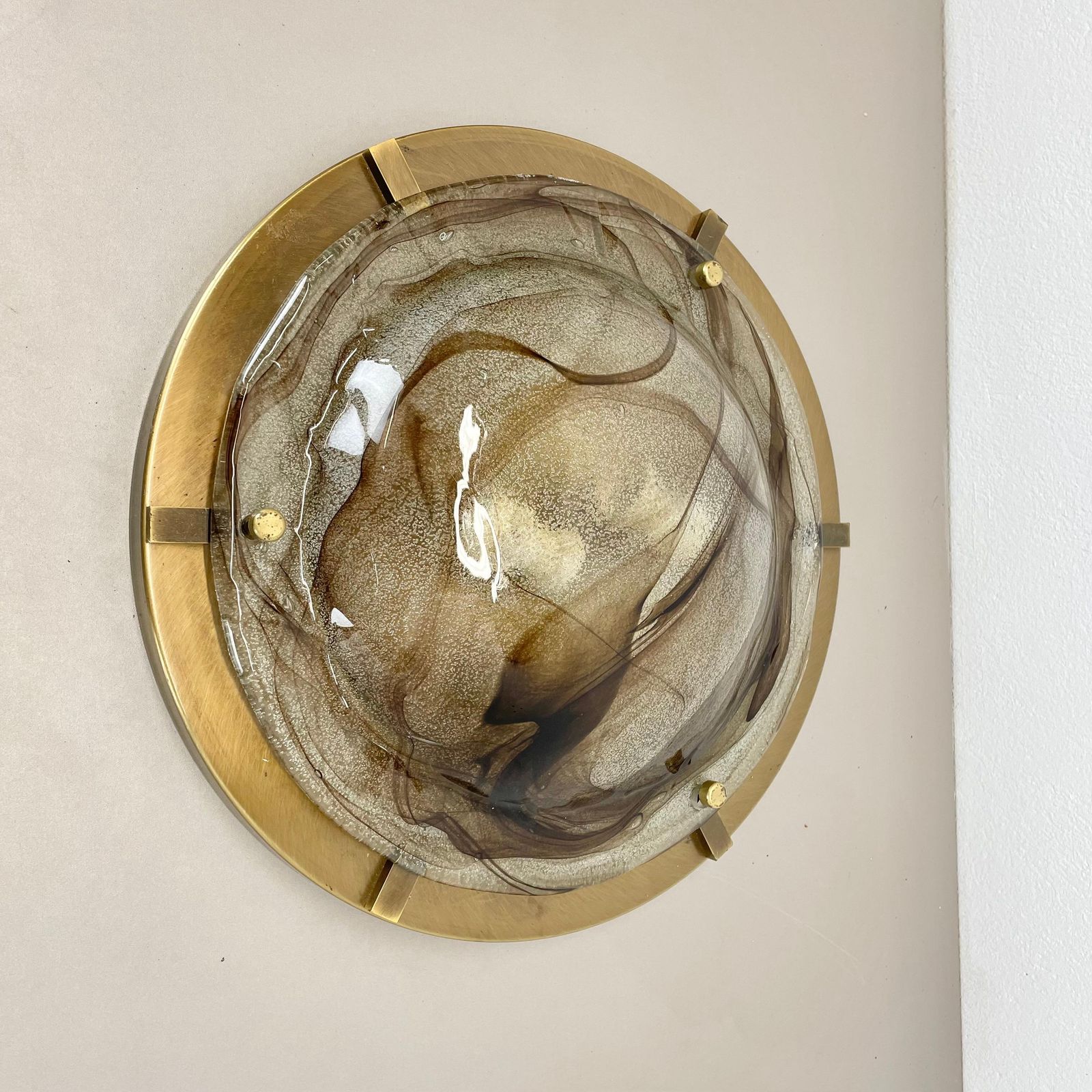 Xxl 45cm Glass + Brass Kalmar Style Wall Ceiling Light Flushmount, Italy 1980 N1 photo for sale