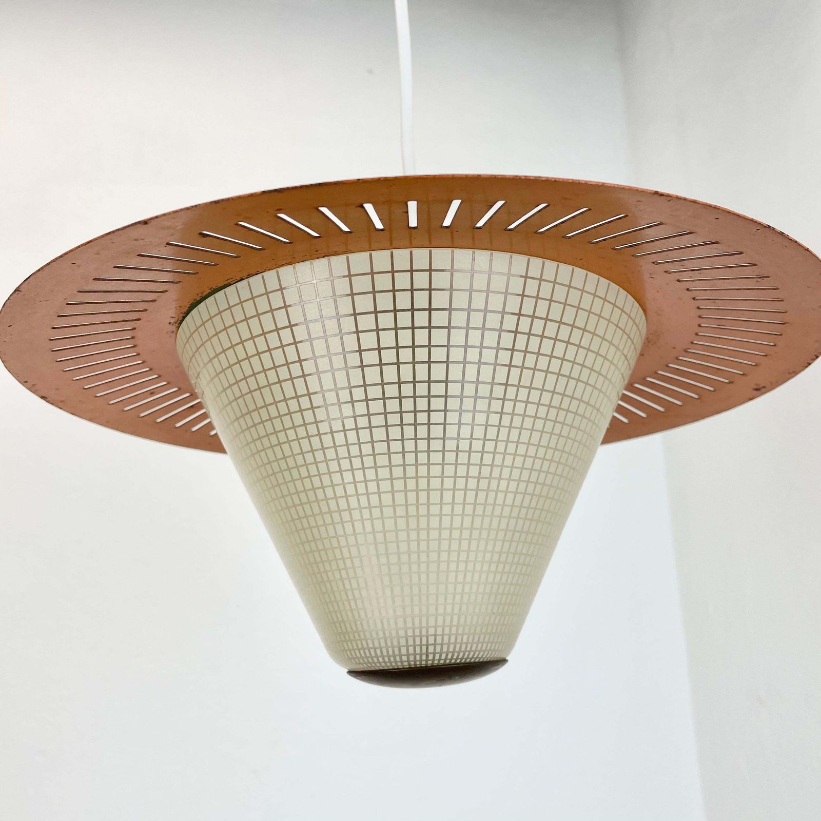 Midcentury Minimalist Stilnovo Style Brass And Metal Hanging Light, Italy 1950 photo for sale