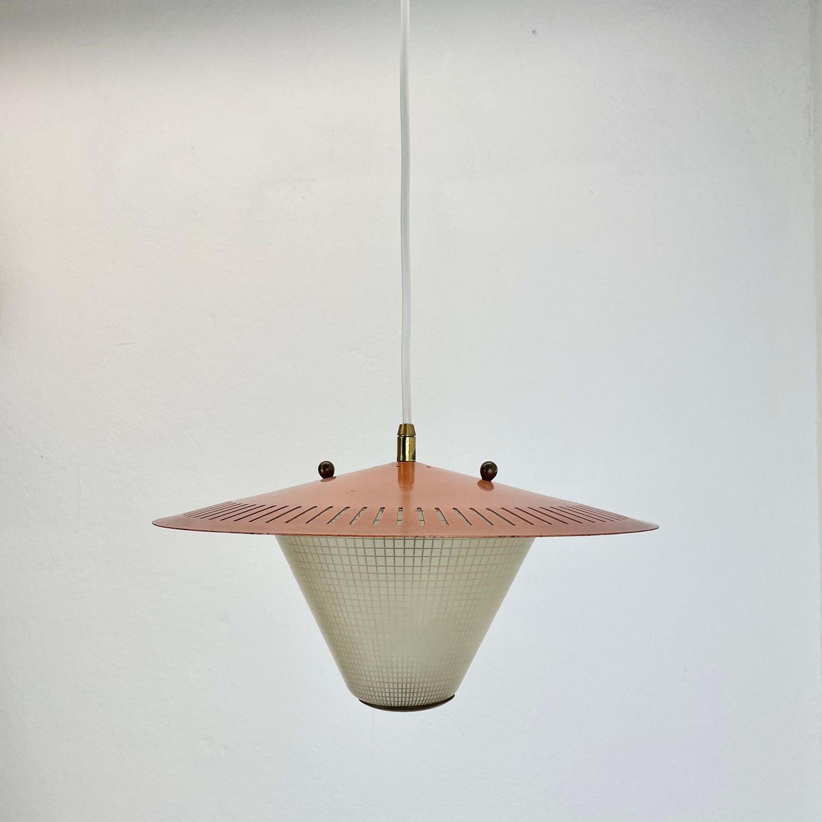 Midcentury Minimalist Stilnovo Style Brass And Metal Hanging Light, Italy 1950 photo 1062.0