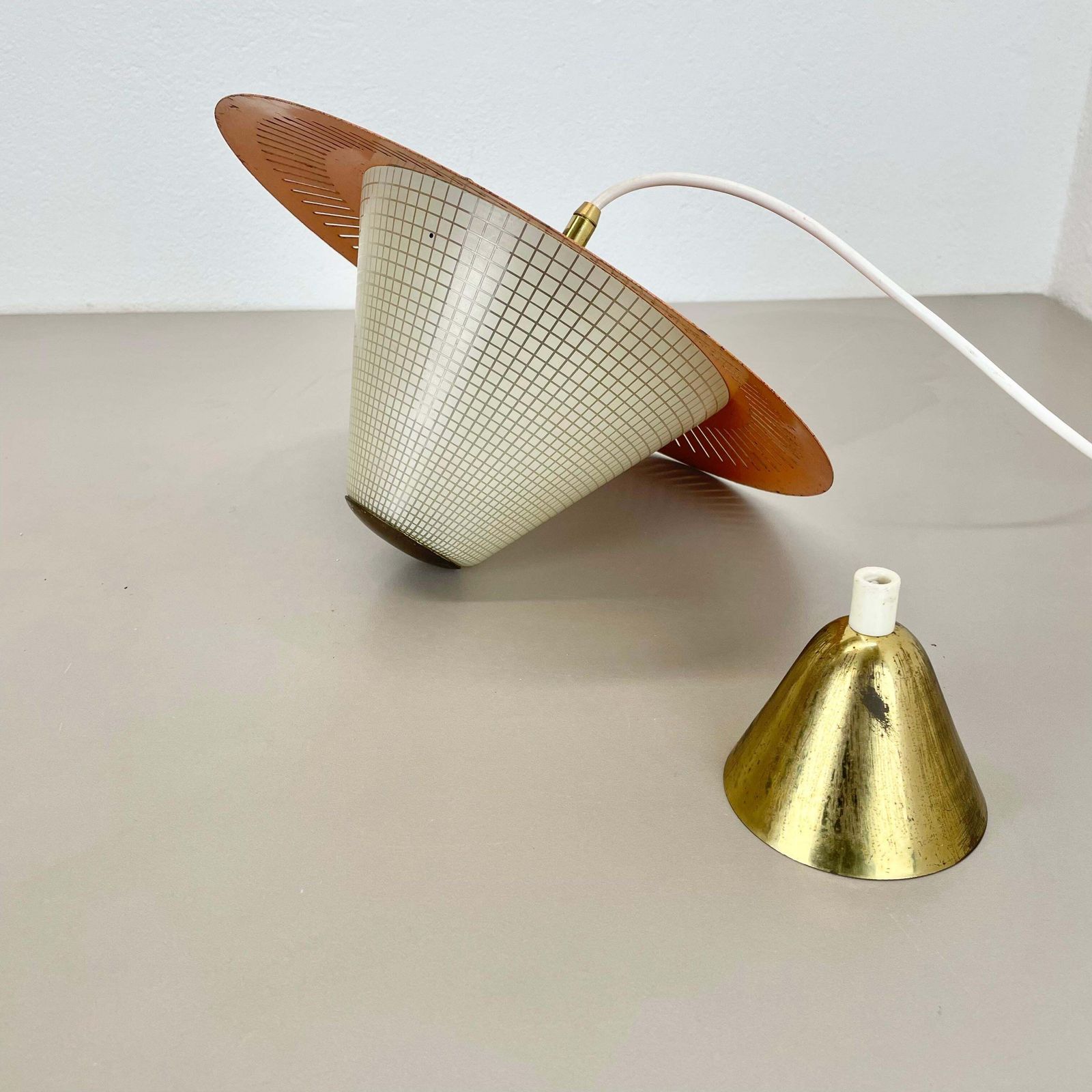 Midcentury Minimalist Stilnovo Style Brass And Metal Hanging Light, Italy 1950 photo vinterior