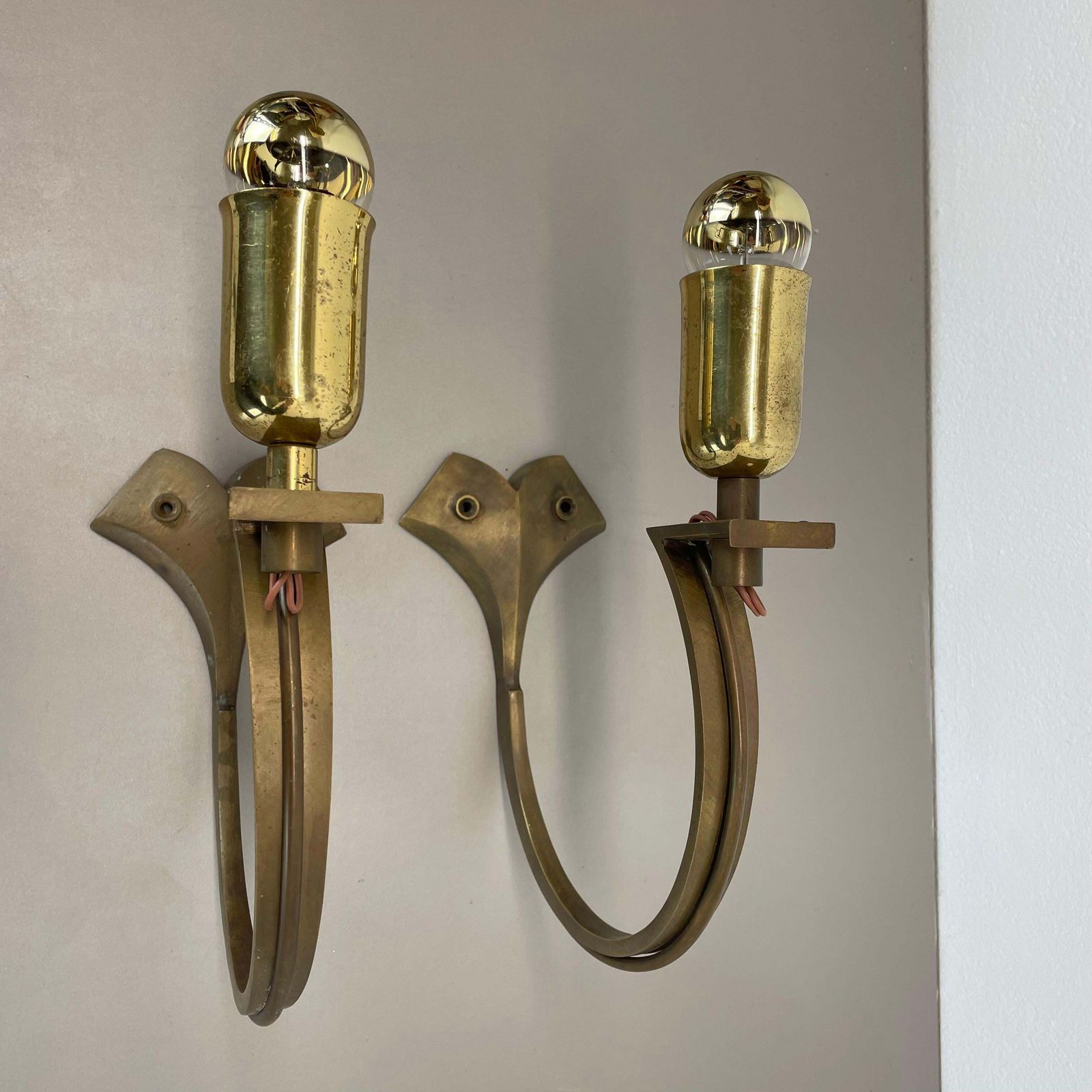 Set Of Two Large 28cm Brutalist Bronze Brass Wall Sconces, Italy 1950s photo Lighting