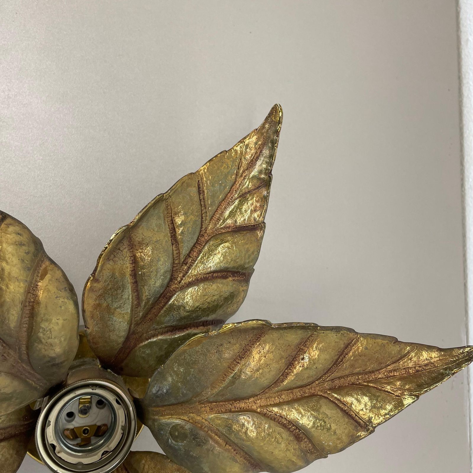 photo for sale Floral Brutalist Brass Metal Wall Ceiling Light By Willy Daro Belgium, 1970s No1