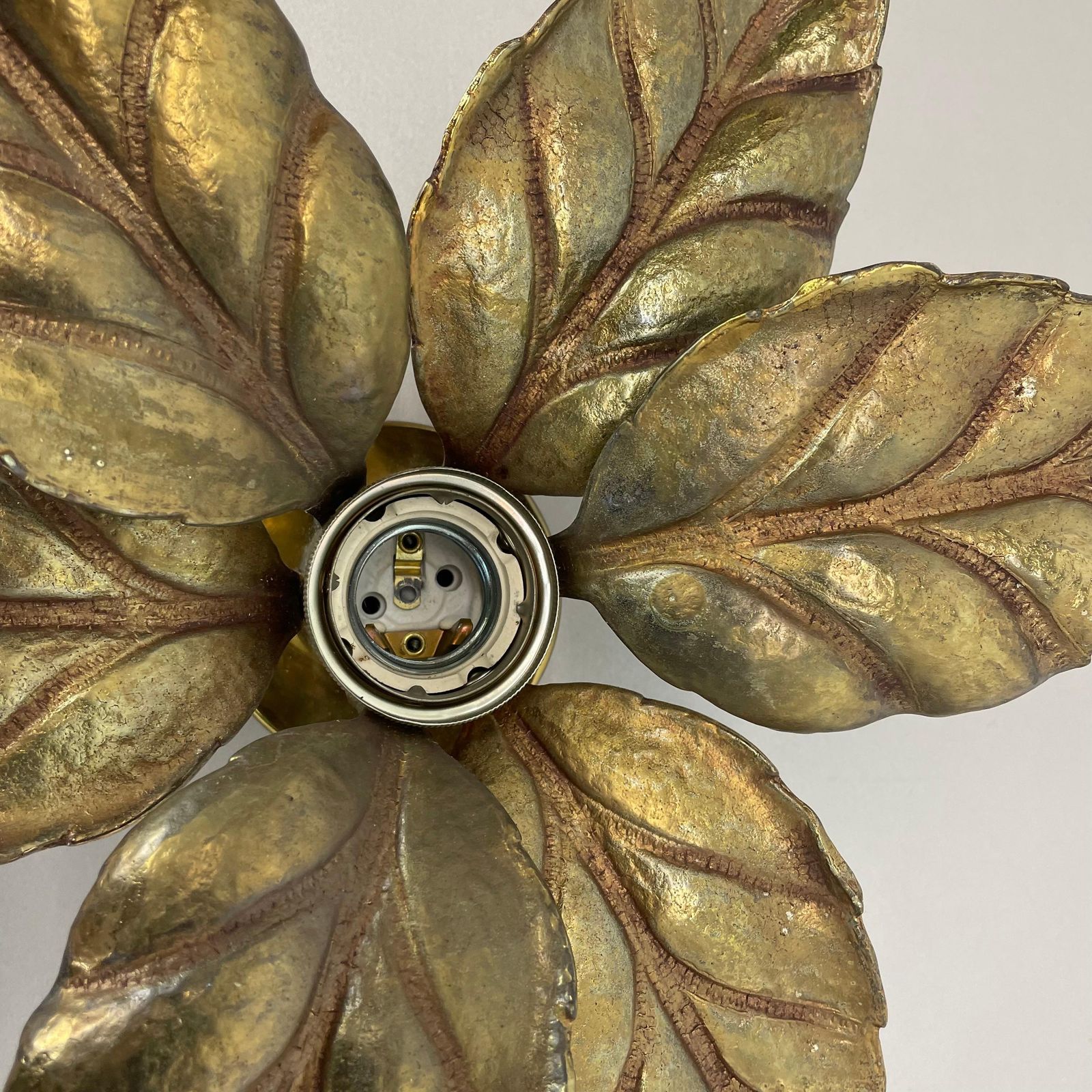 Lighting Floral Brutalist Brass Metal Wall Ceiling Light By Willy Daro Belgium, 1970s No1 photo