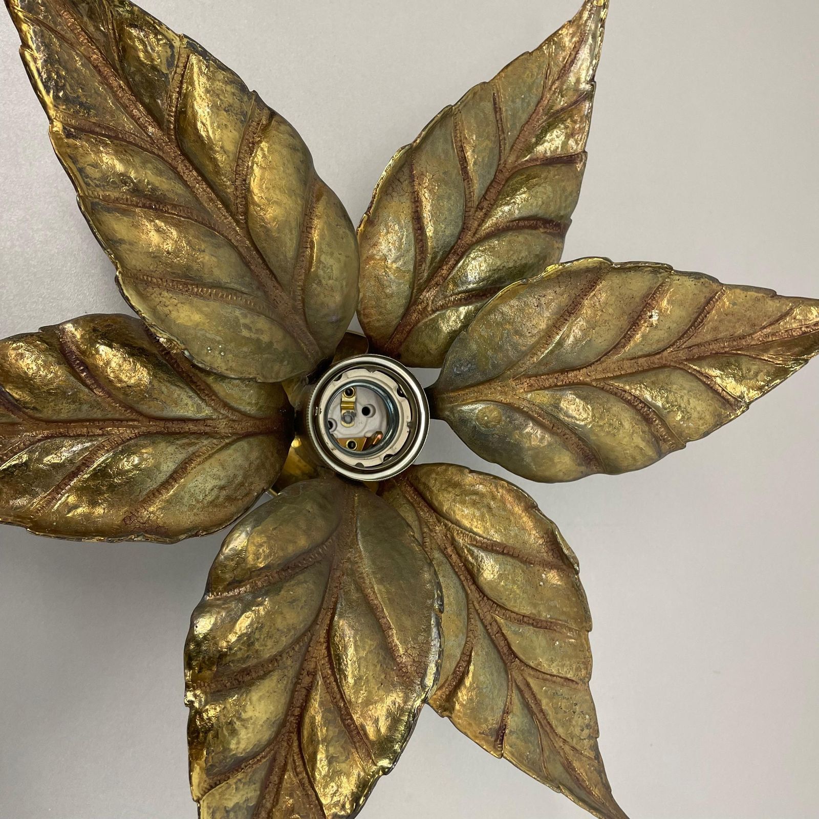 575.0 Floral Brutalist Brass Metal Wall Ceiling Light By Willy Daro Belgium, 1970s No1 photo