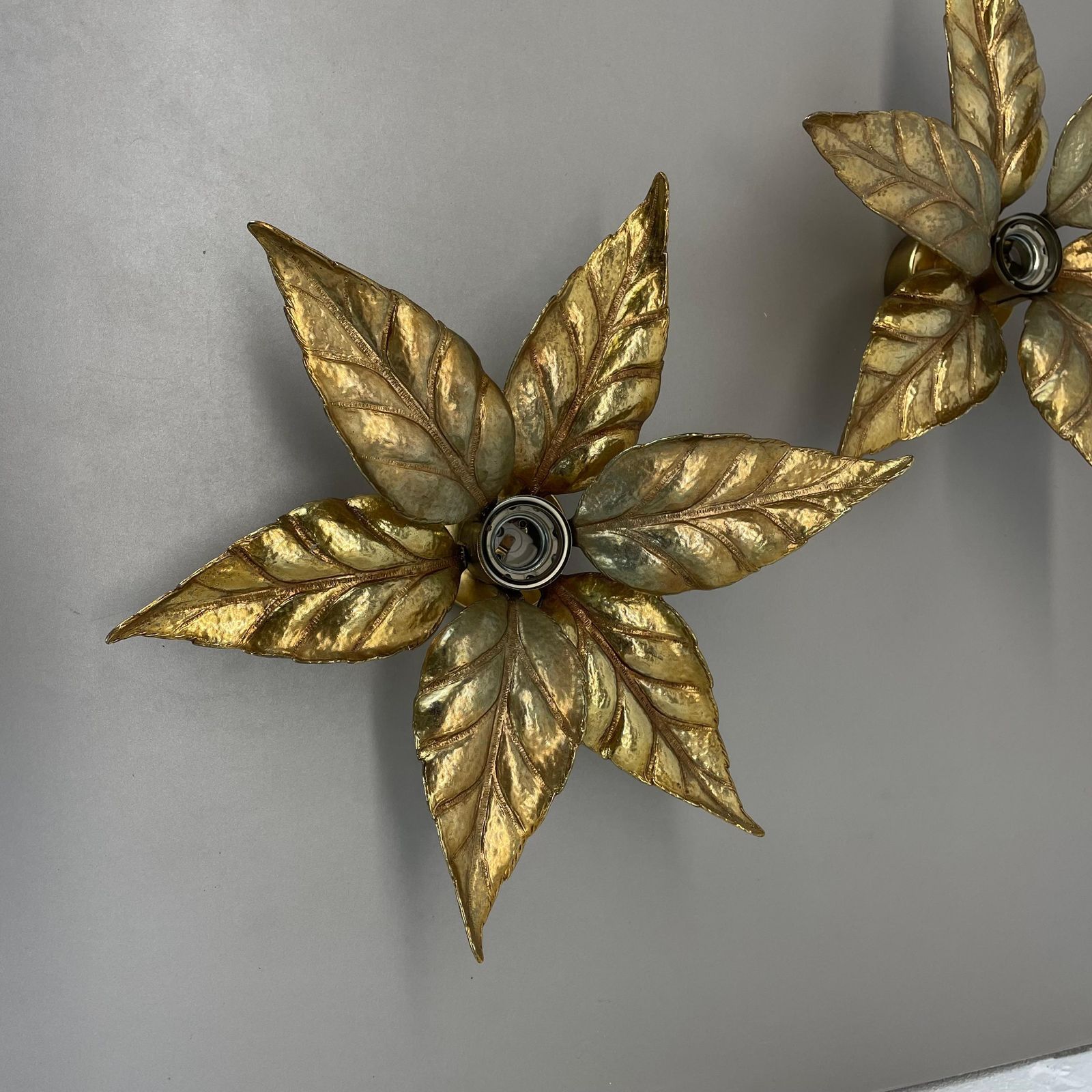 Set Of 2 Brutalist Brass Metal Wall Ceiling Light By Willy Daro, Belgium 1980s photo Lighting