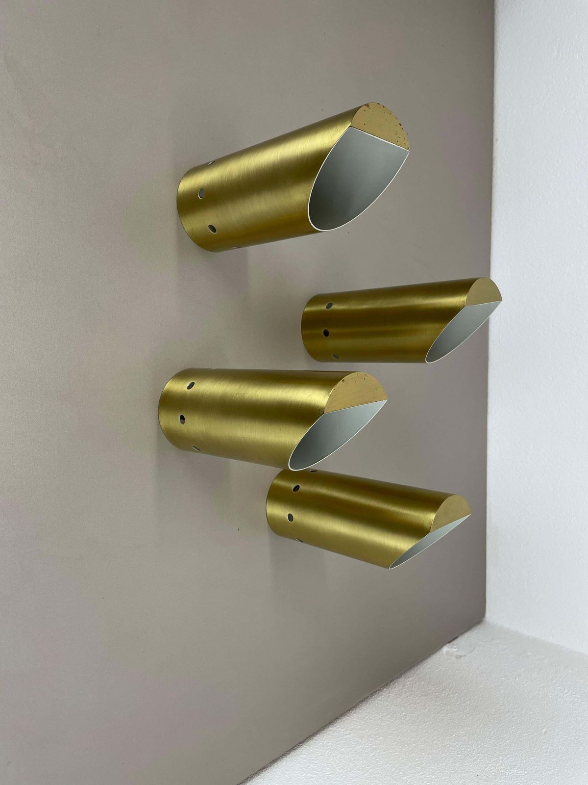 Set Of Four Minimalist Brass "Tube" Wall Ceiling Light Sconces, Italy 1970s photo Lighting