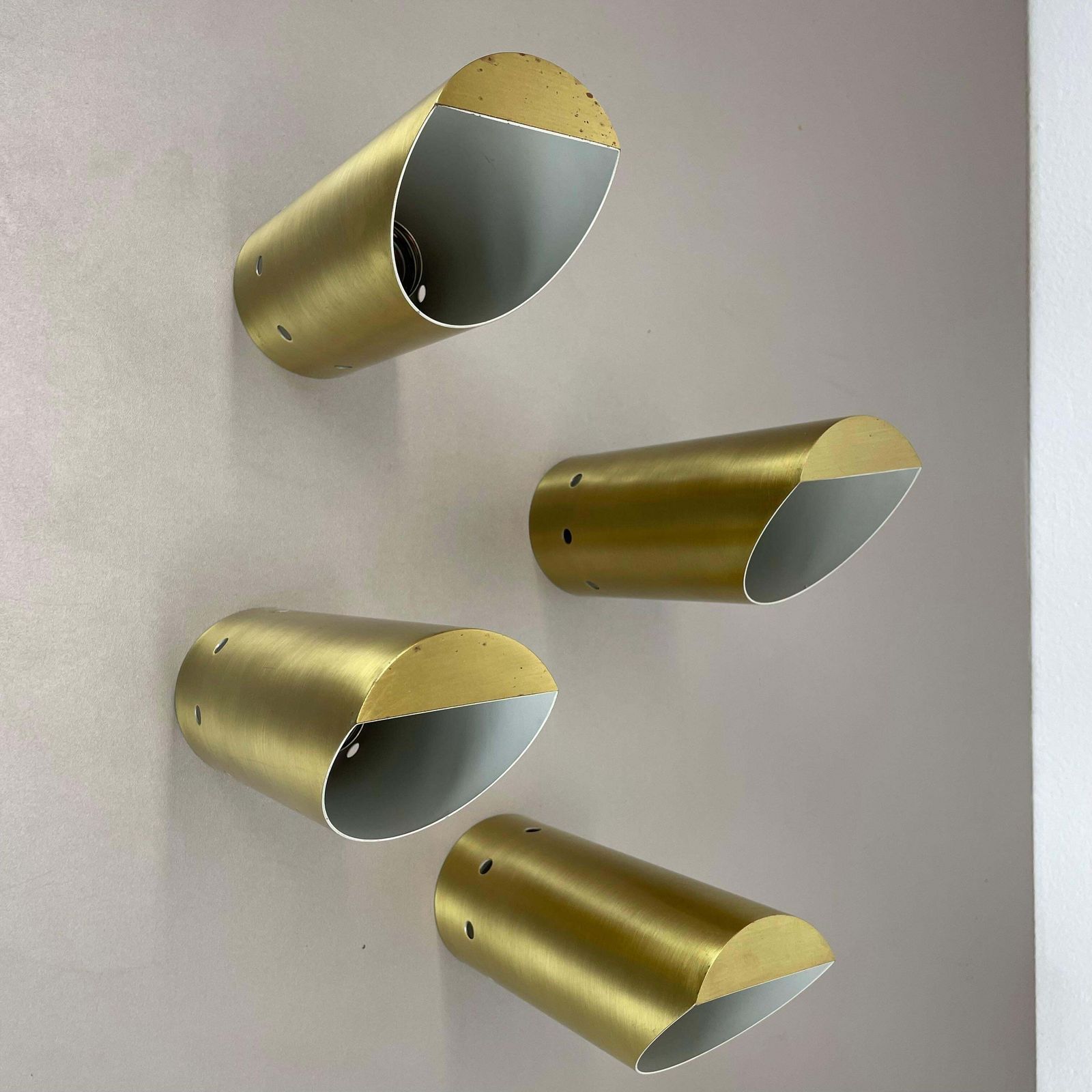 Set Of Four Minimalist Brass "Tube" Wall Ceiling Light Sconces, Italy 1970s photo vintage