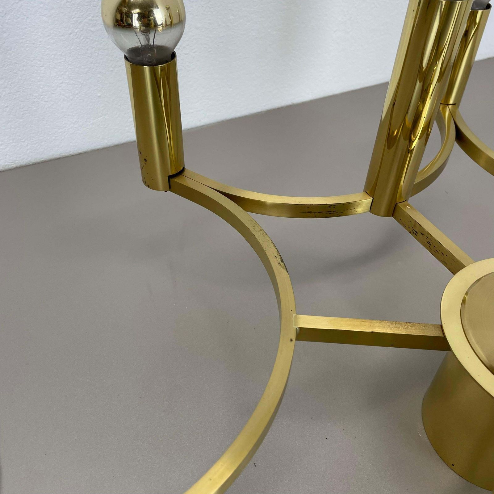 Large Cubic Brass 9 Bulb Stilnovo Style Flush Mount Ceiling Light, Italy 1960s photo vintage