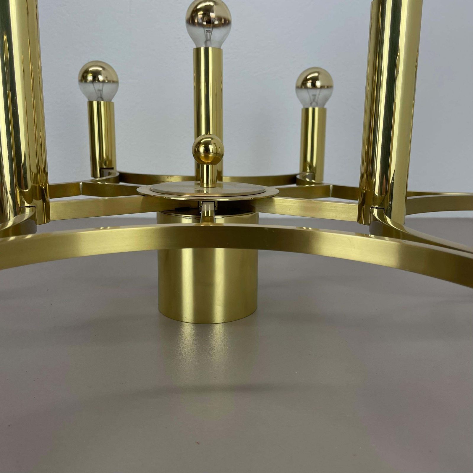 Lighting Large Cubic Brass 9 Bulb Stilnovo Style Flush Mount Ceiling Light, Italy 1960s photo