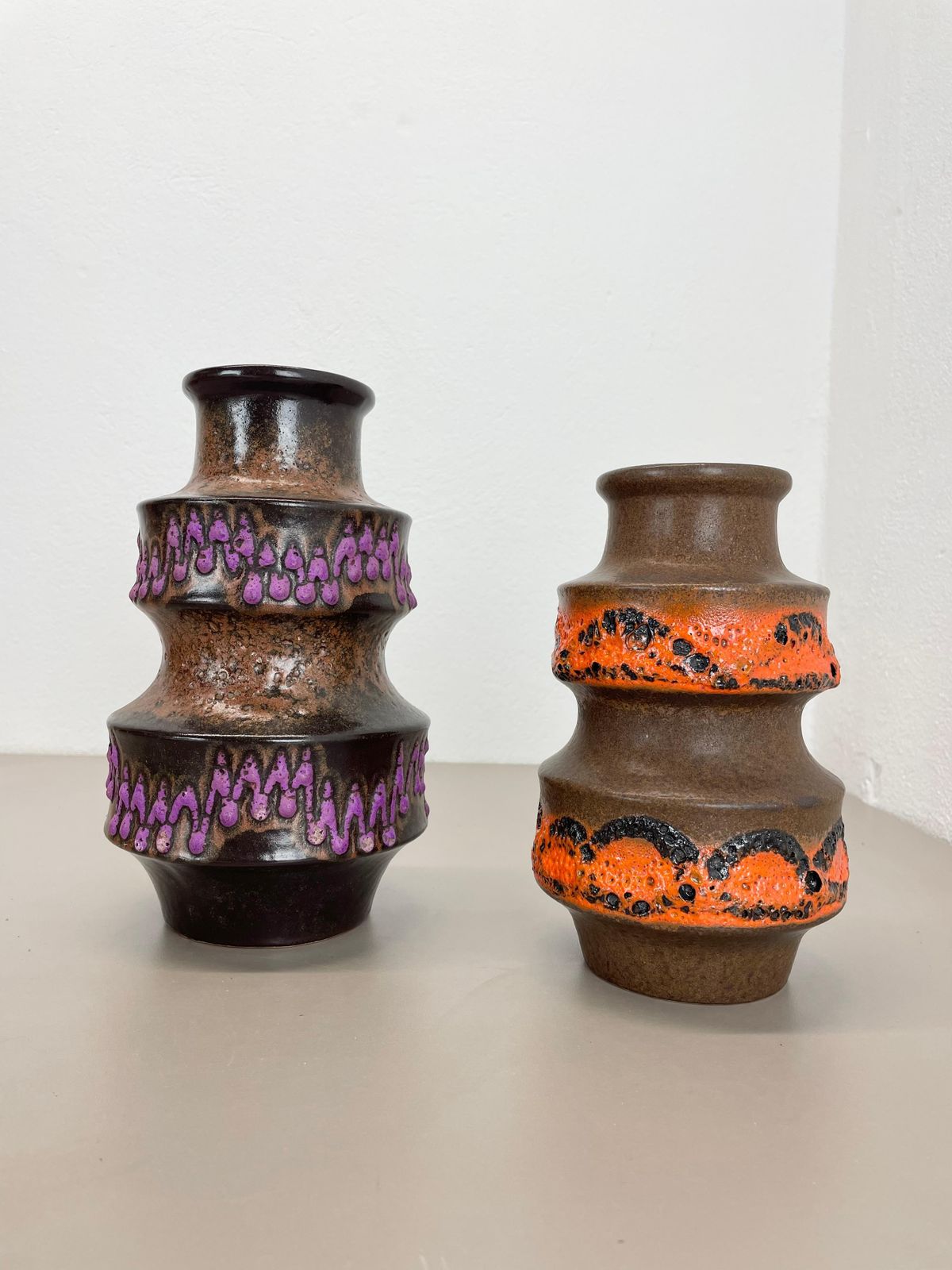 Set Of Two Wgp "Pink Orange" Ceramic Fat Lava Vases By Scheurich, Germany, 1970s photo for sale