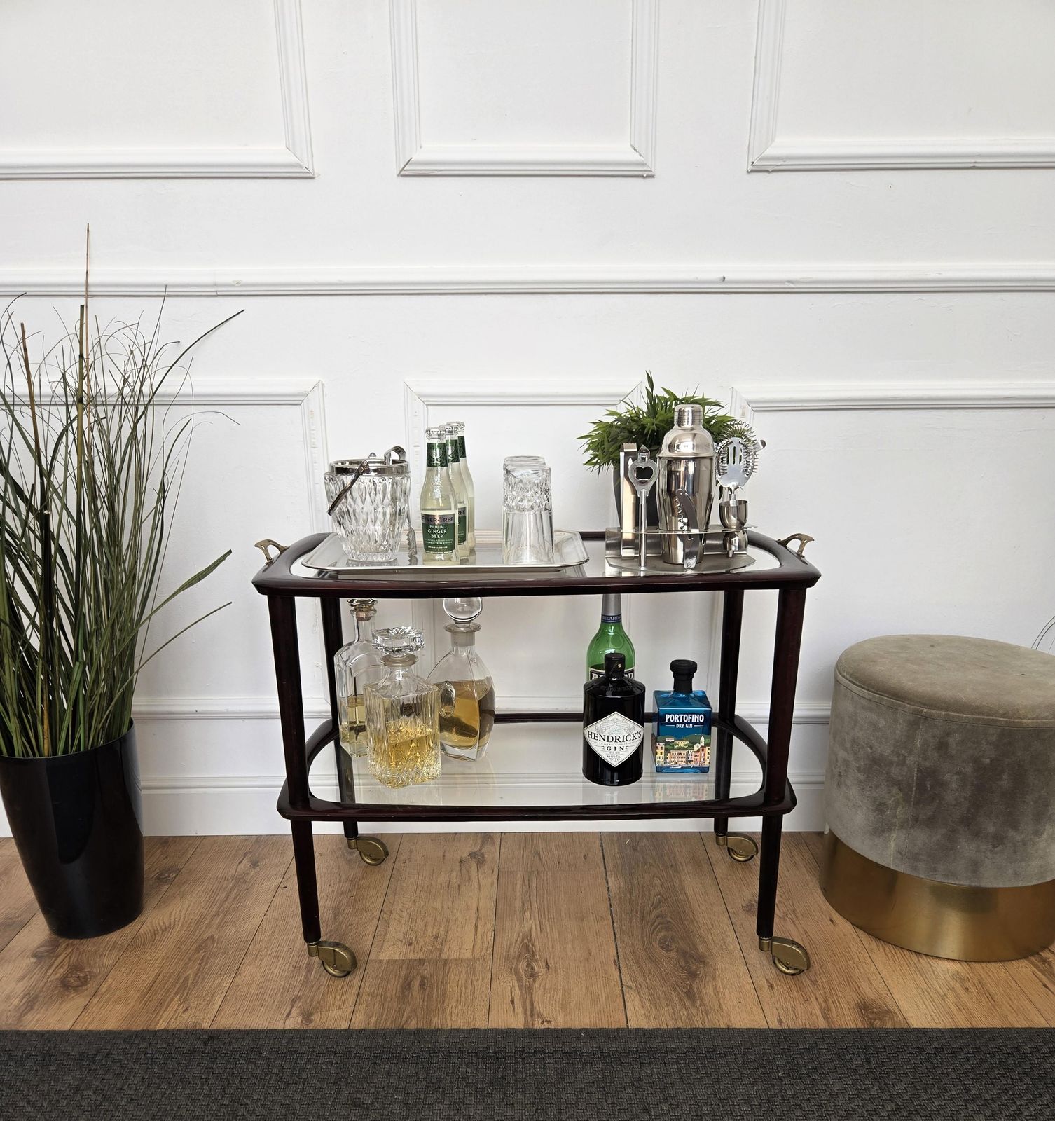 1950s Art Deco Mid Century Italian Wood And Brass Dry Bar Cabinet Liquor Cart photo furniture