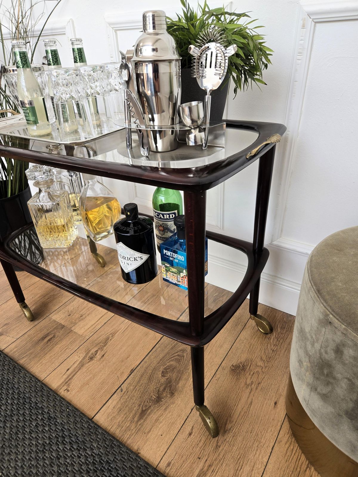 1950s Art Deco Mid Century Italian Wood And Brass Dry Bar Cabinet Liquor Cart photo 1516.0