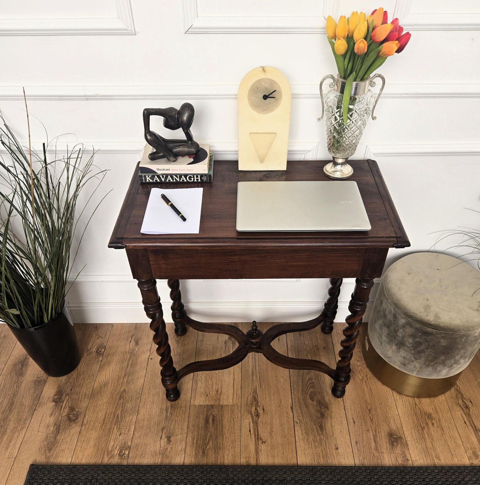 Antique Italian Walnut Console Desk Side Table With Carved Legs photo for sale
