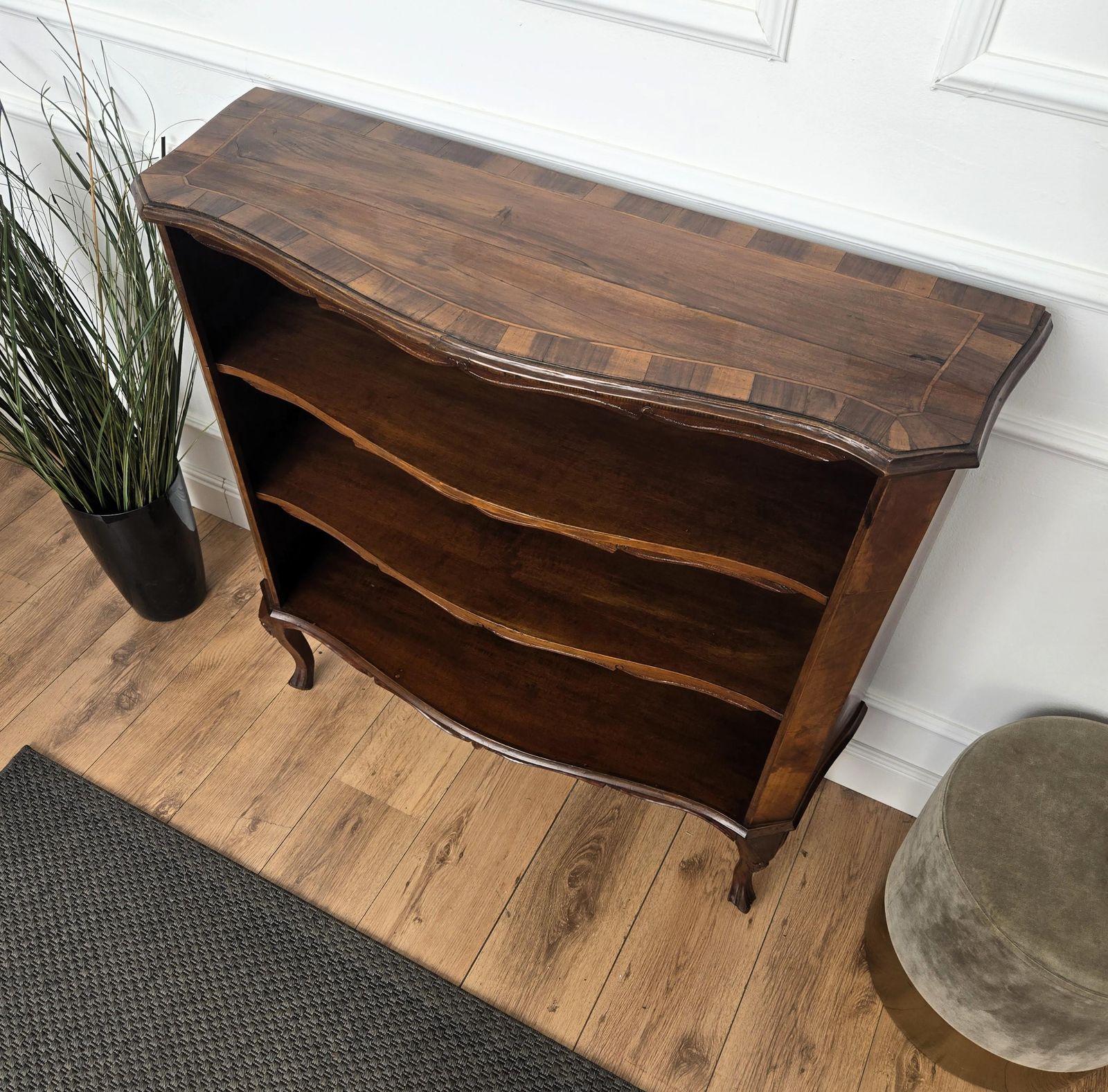 Midcentury Italian Walnut Burl Wood Three Shelves Open Bookcase Library photo furniture